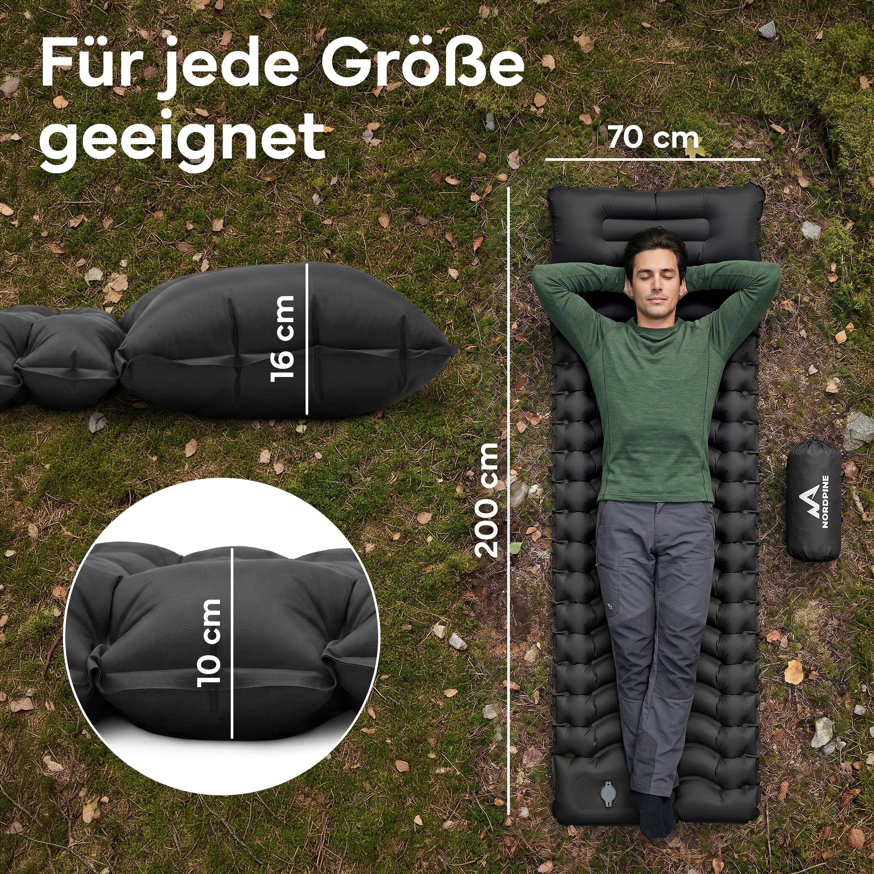 Isomatte Single - kombinierbar, integrierte Luftpumpe - Schwarz - Campingartikel von NORDPINE | Outdoor-Equipment, Wandern, Camping
