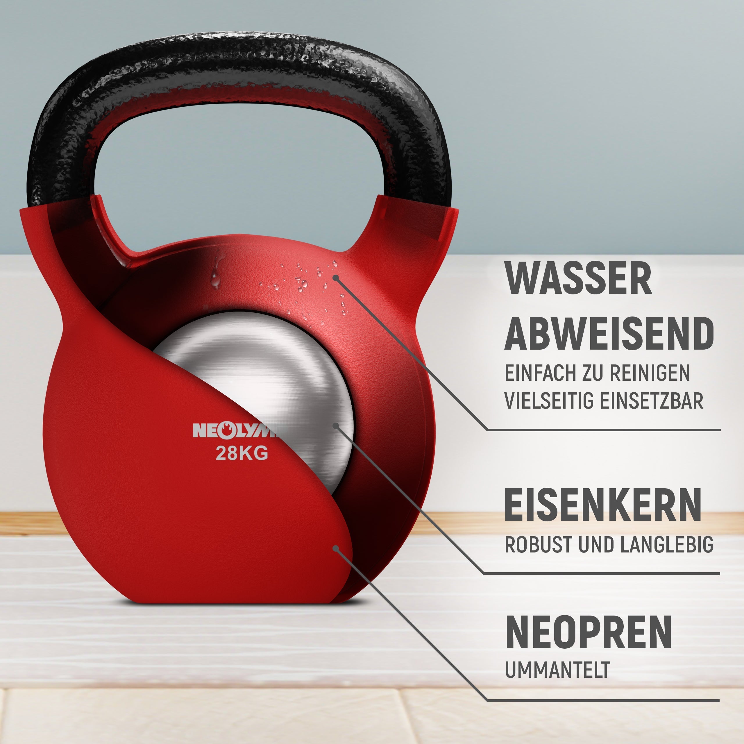 Eine rote Neolymp Kettlebell mit einem Gewicht von 28 kg, die teilweise geöffnet ist, um den inneren Eisenkern sichtbar zu machen. Auf der rechten Seite des Bildes werden die Eigenschaften der Kettlebell hervorgehoben: wasserabweisend, robust und langlebig, sowie mit einer Neopren-Ummantelung. Die Beschreibungen sind durch Linien mit der jeweiligen Stelle an der Kettlebell verbunden.