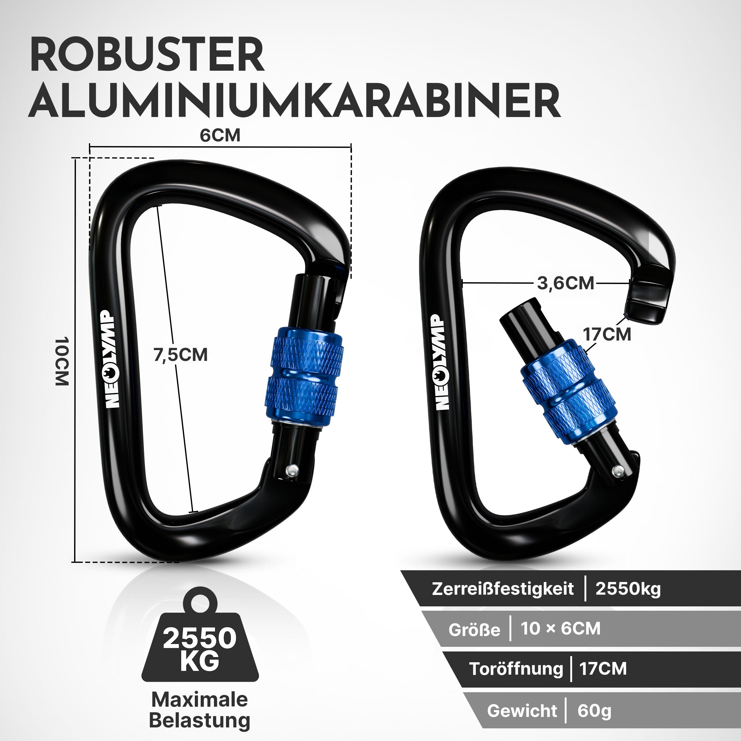 Robuste Aluminium-Karabiner mit Angaben zu Gewicht, Größe und Zerreißfestigkeit.