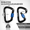 Robuste Aluminium-Karabiner mit Angaben zu Gewicht, Größe und Zerreißfestigkeit.