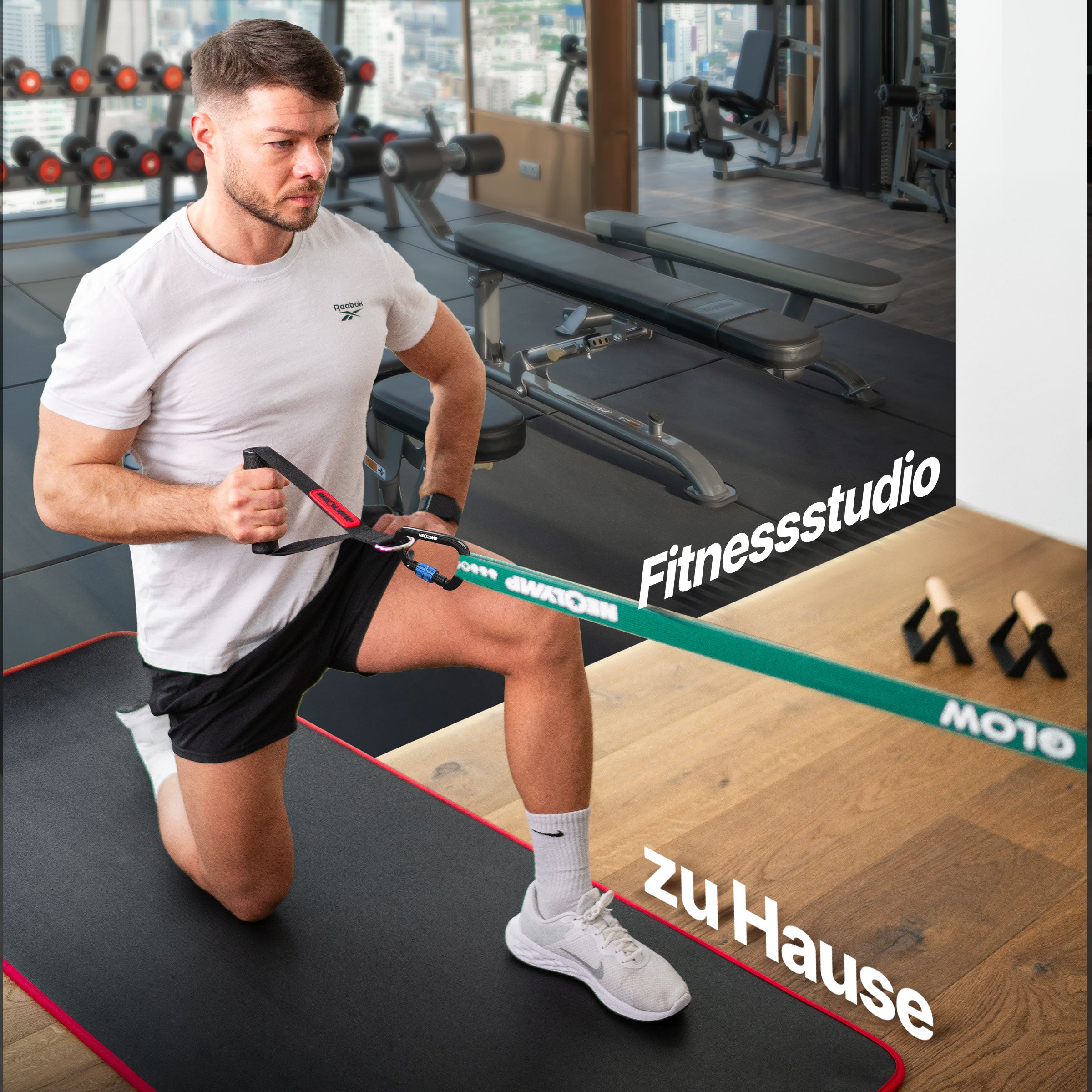 Karabiner im Fokus: im Einsatz mit Untergriff-Erweiterung und Fitnessband bei Ruderübung gezeigt.