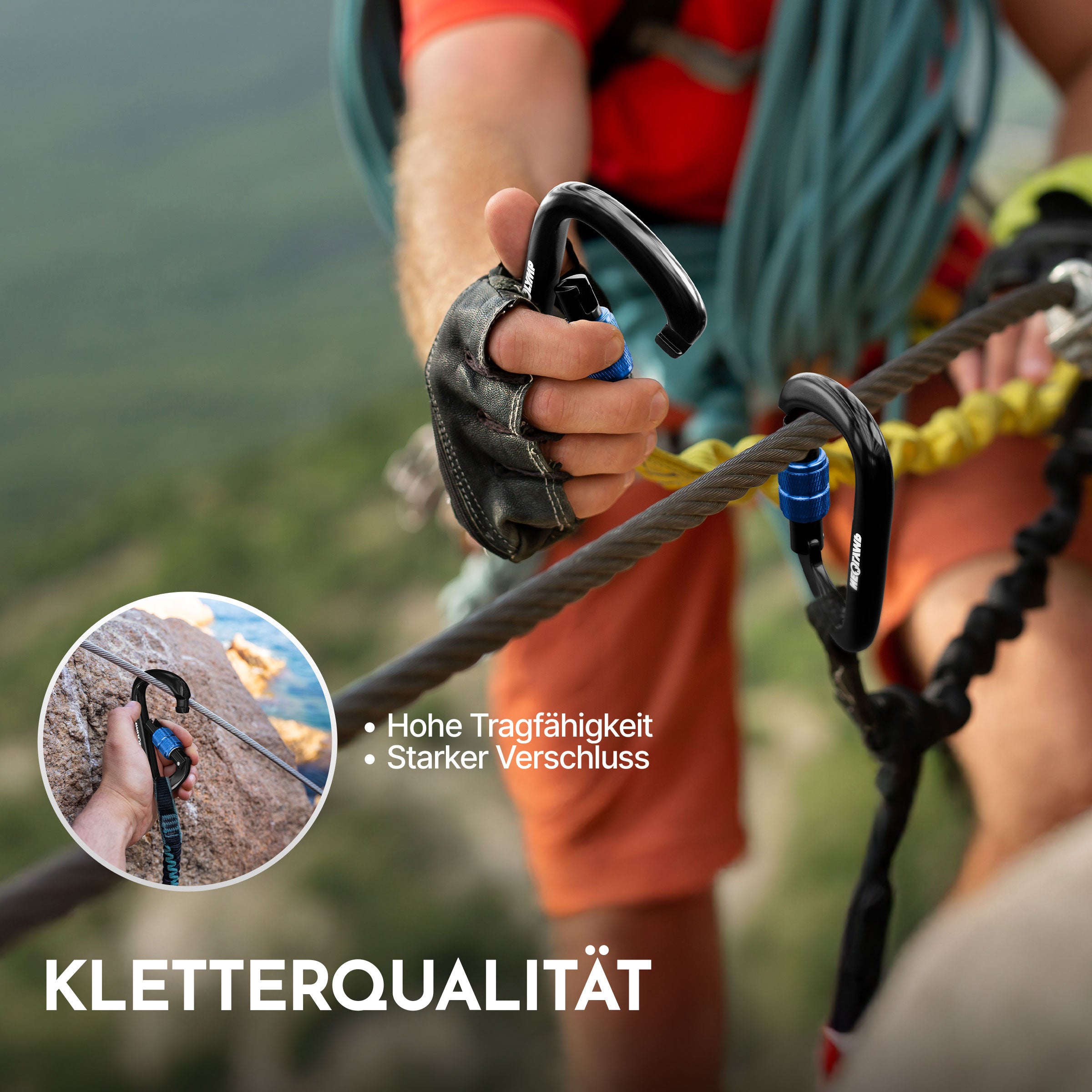 Karabiner im Einsatz beim Bergsteigen, beschriftet mit hoher Tragfähigkeit & Kletterverschluss.