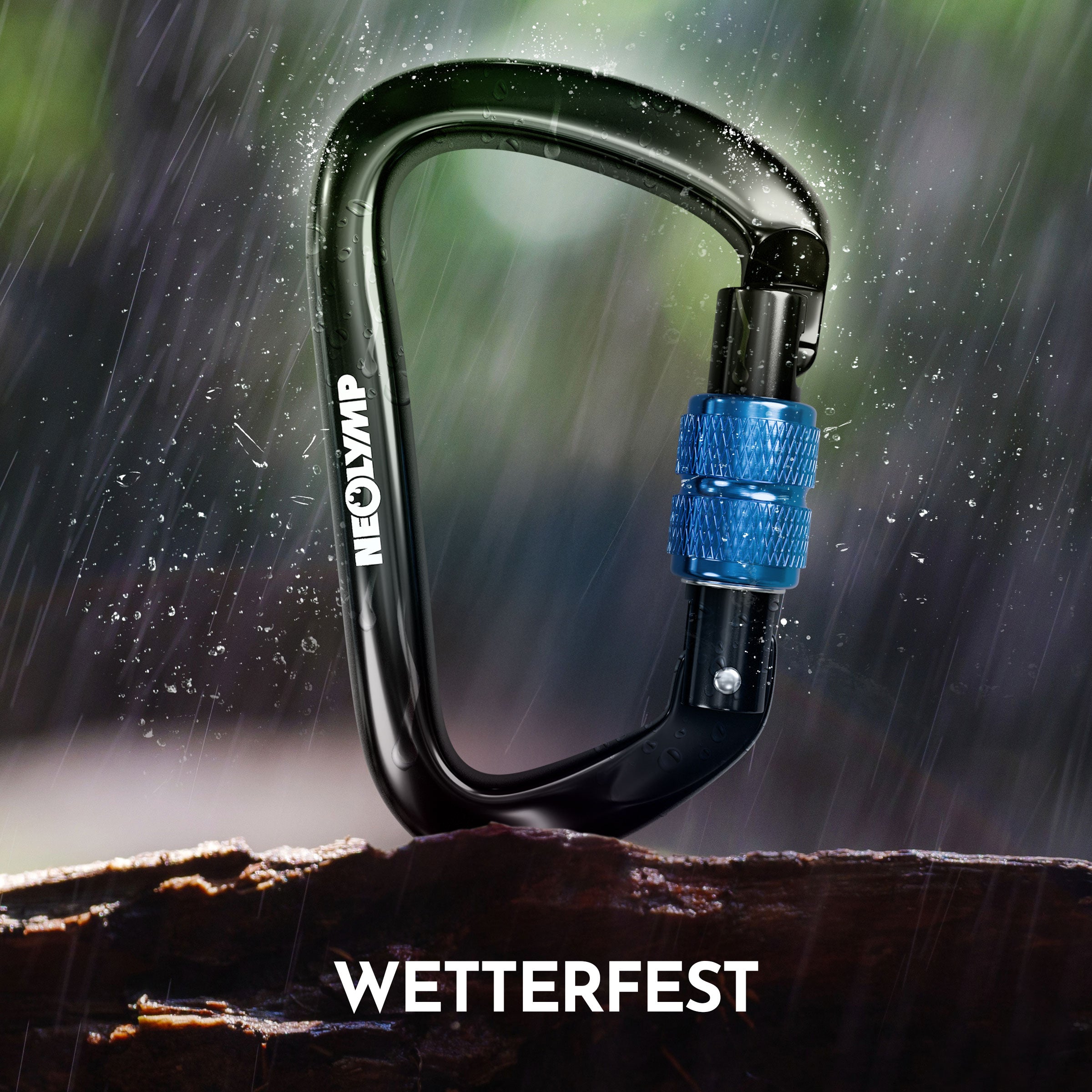 Ultraleichter Verschlusskarabiner mit Screw-Lock aus Aluminium im Regen, beschriftet mit Wetterfest