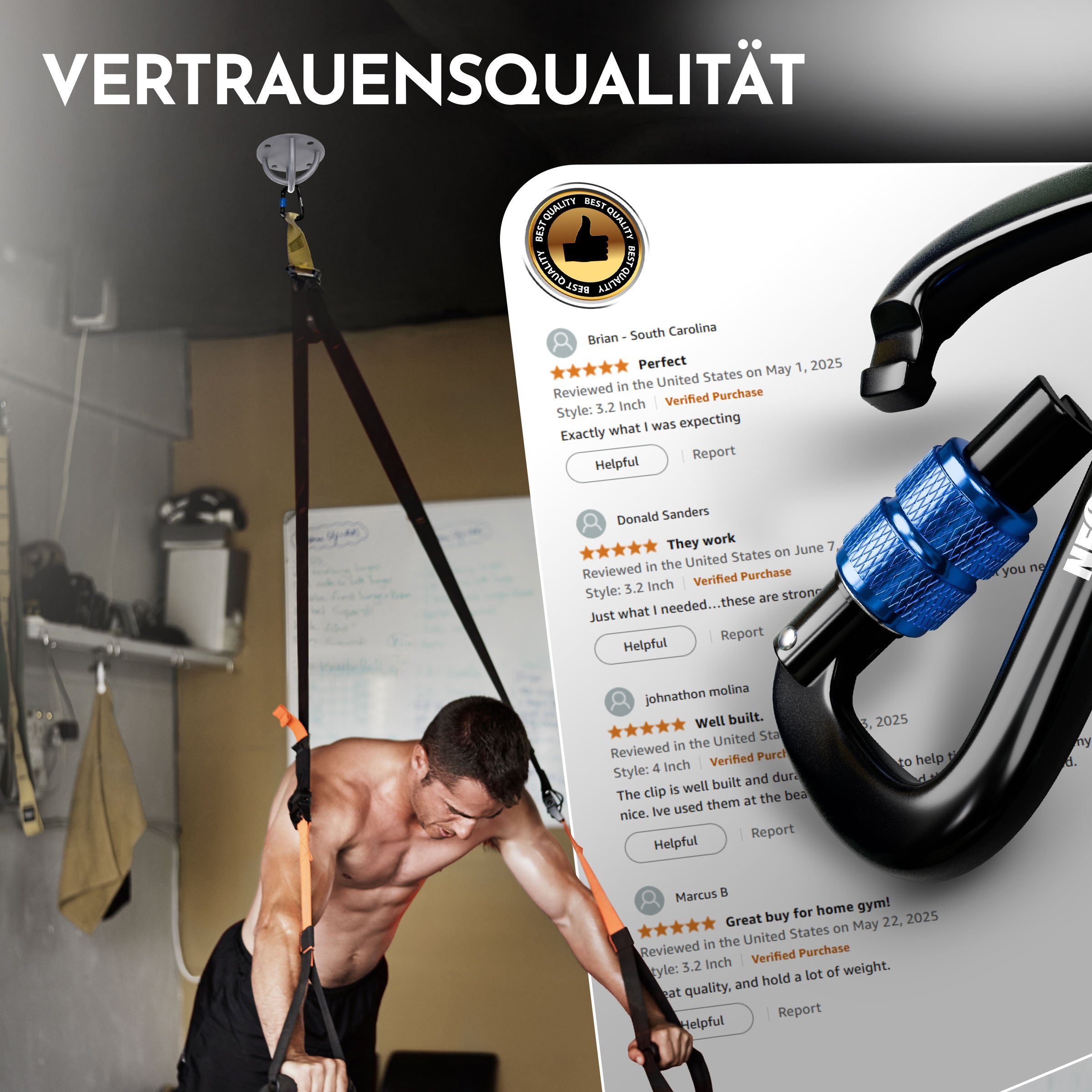 Karabiner vor Hintergrund mit positiven Kundenbewertungen und Vertrauensqualität sichtbar.