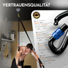 Karabiner vor Hintergrund mit positiven Kundenbewertungen und Vertrauensqualität sichtbar.