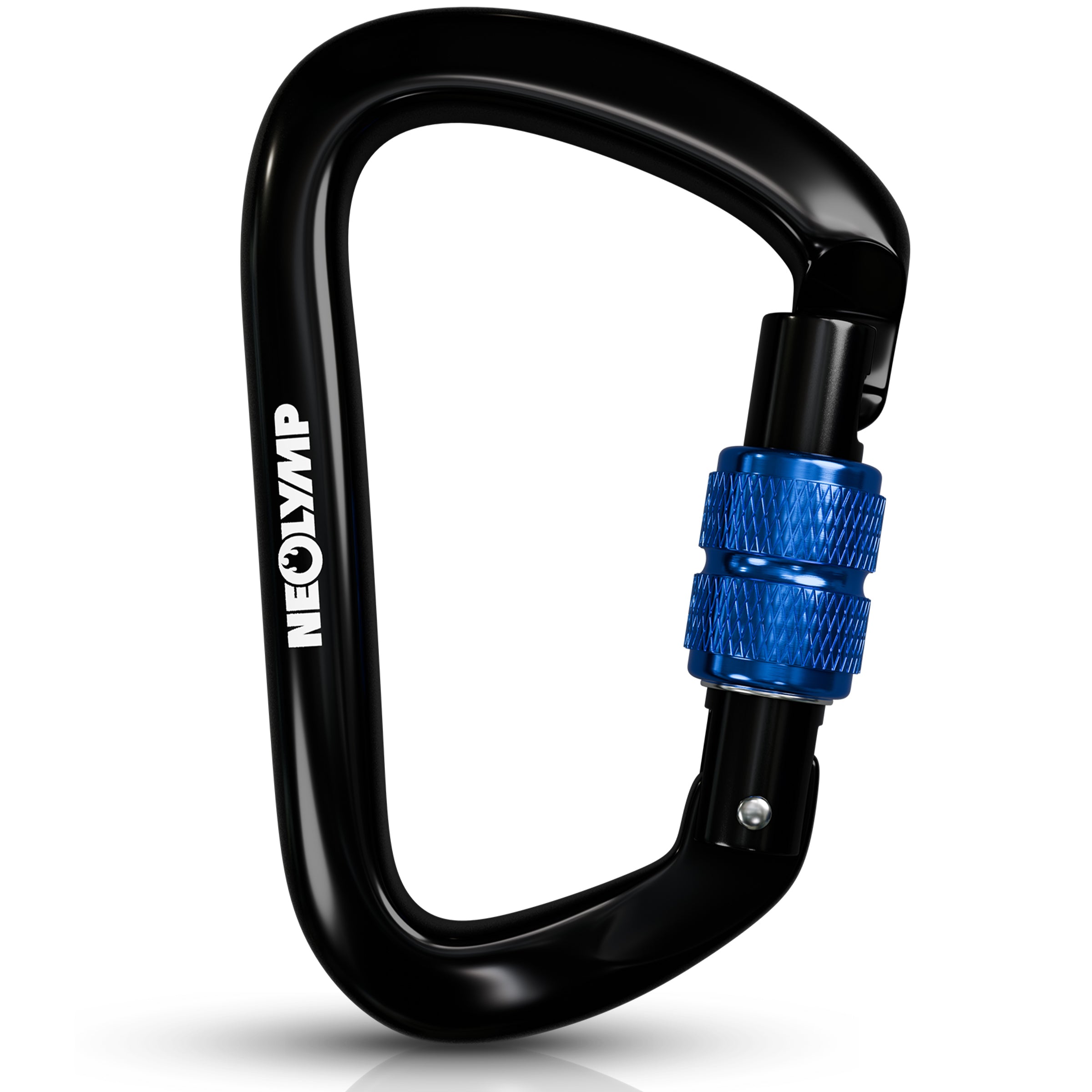 Schwarzer NEOLYMP Karabiner mit blauem Screw-Lock-Verschluss aus Aliminum