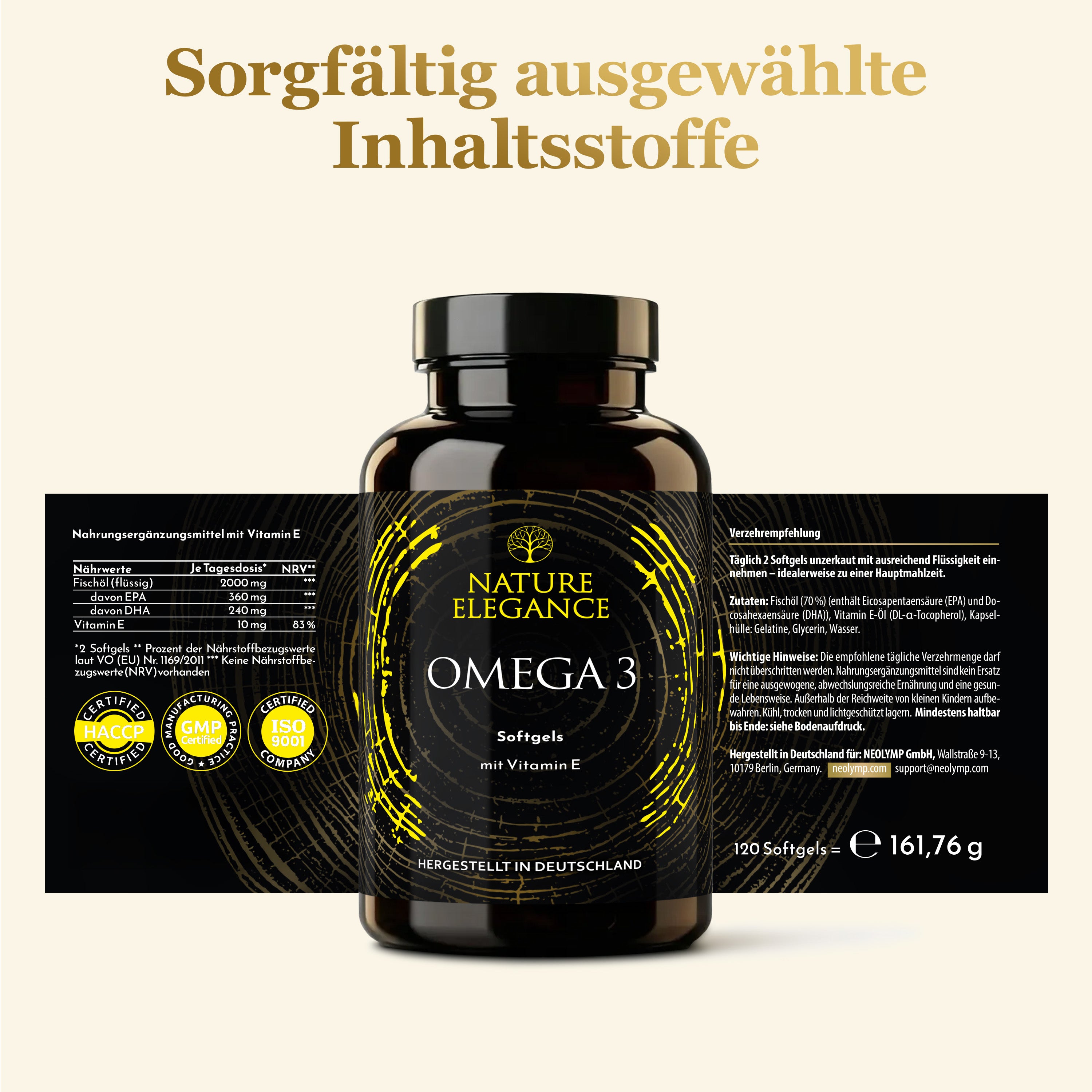 Nature Elegance - Omega 3 - Hoher Anteil an Vitamin E, DHA & EPA - - Nahrungsergänzungsmittel von NEOLYMP | Fitnessequipment und Sportartikel