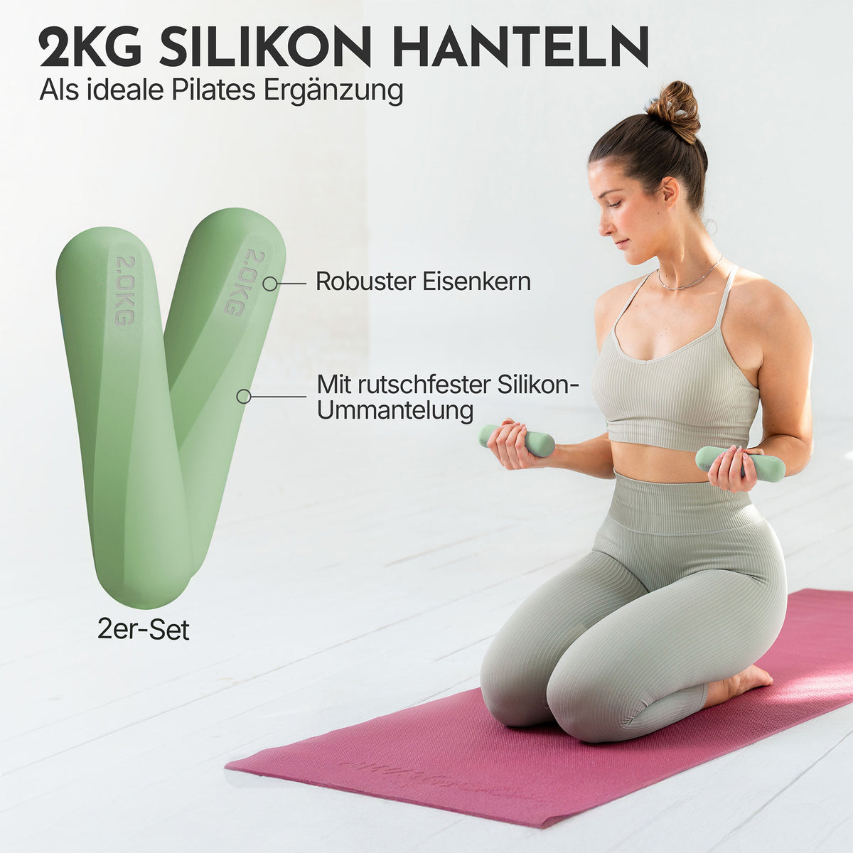 Pilateshanteln 2er Set aus hochwertigem Silikon, 1-2 kg – Matcha / 2 kg | B-Ware - - Outlet von NEOLYMP | Fitnessequipment und Sportartikel