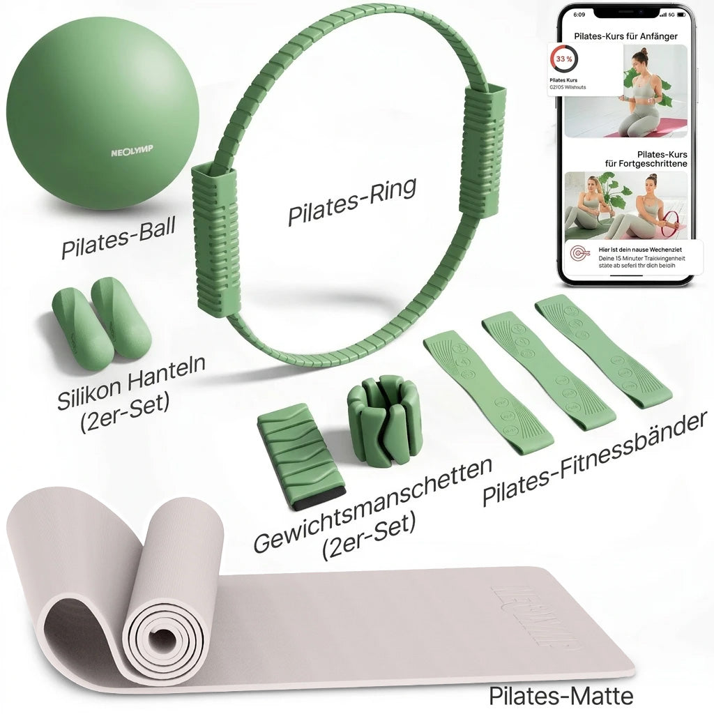 Pilates Komplett-Set Premium - mit Geschenkbox - Matcha PRO Set: mit Pilatesmatte + Kurs - Sportgerät von NEOLYMP | Fitnessequipment und Sportartikel