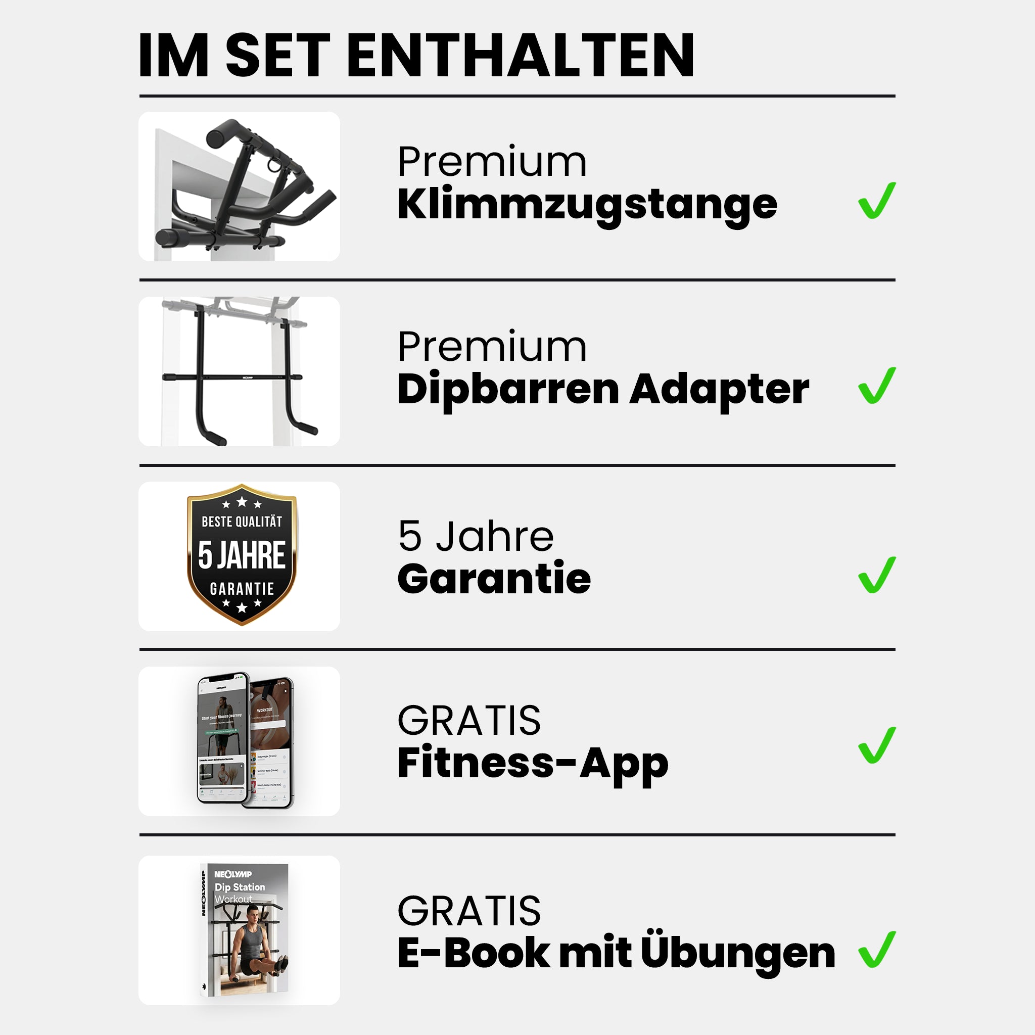 Klimmzugstangen-Bundle - Alle Übungen, volle Bewegungsfreiheit - Stange + Dip Bar Adapter - Klimmzugstangen von NEOLYMP | Fitnessequipment und Sportartikel