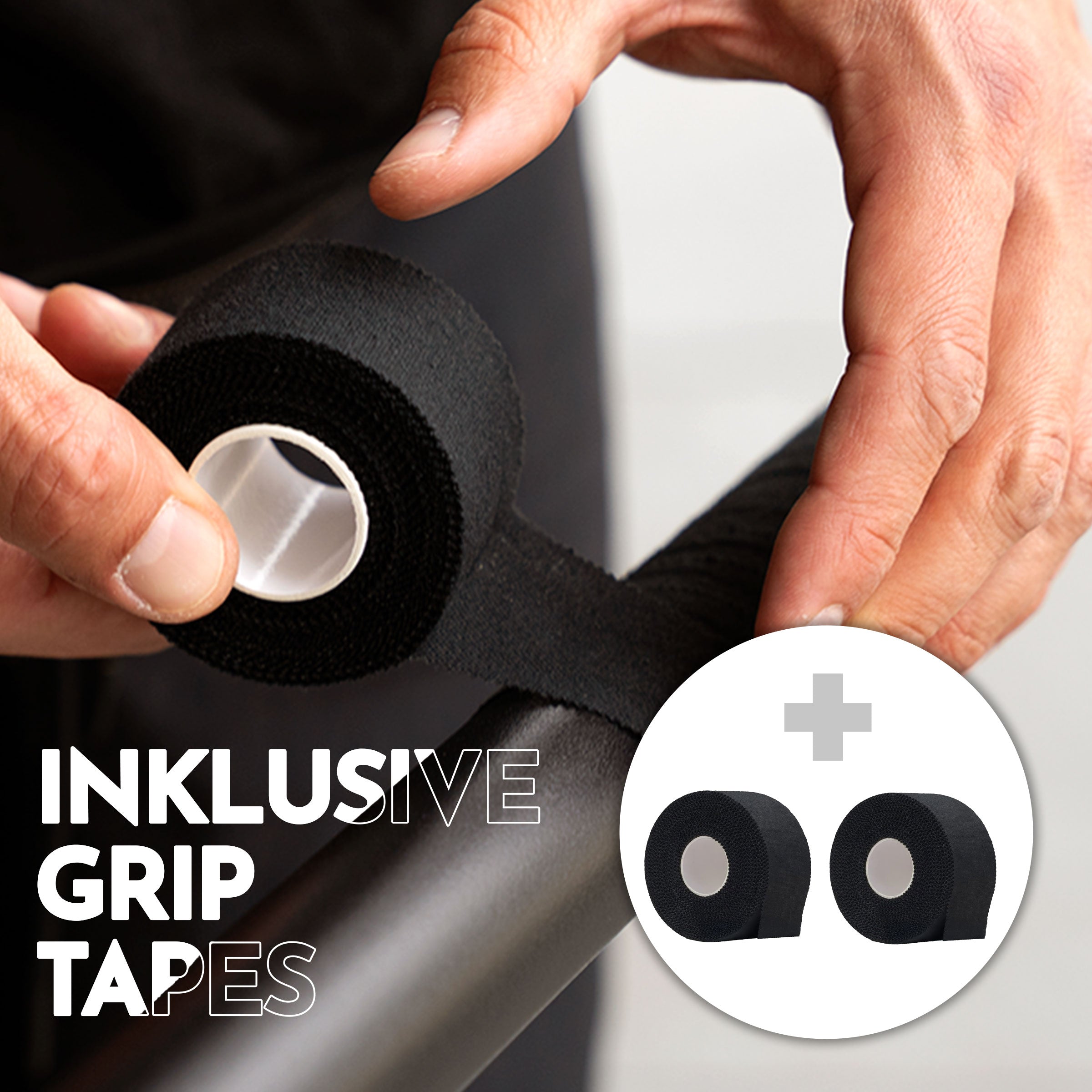 Mitgelieferte Grip-Tapes, die gerade um die Barren gewickelt werden, um sicheren Halt zu gewährleisten.