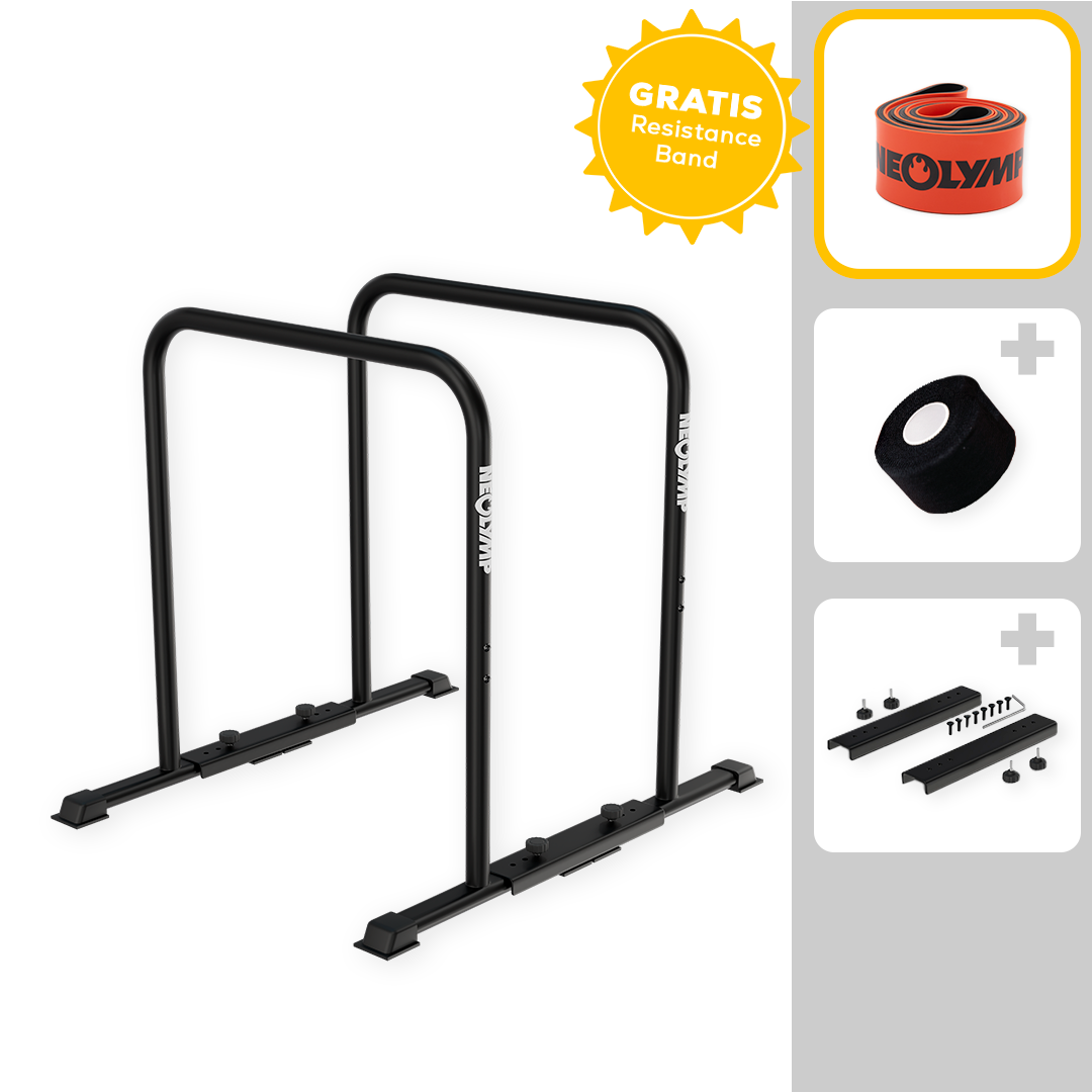 Premium Dip Barren pulverbeschichtet mit Resistance Band, inklusive Zubehör und Extras sichtbar