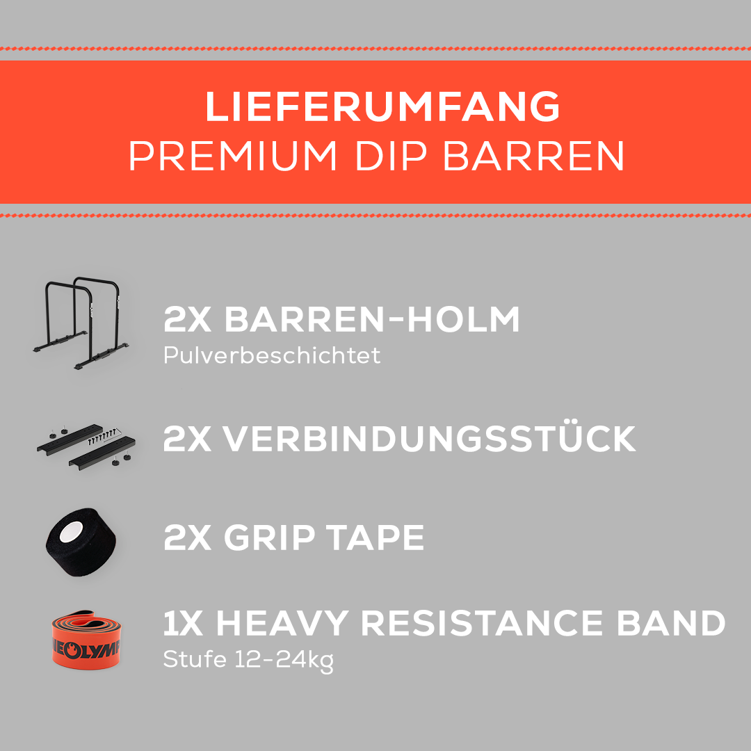 Lieferumfang von 2x Dip-Barren, 2x Verbindungsstücke, 2x Tapes und 1x Heavy Resistance Band wird gezeigt