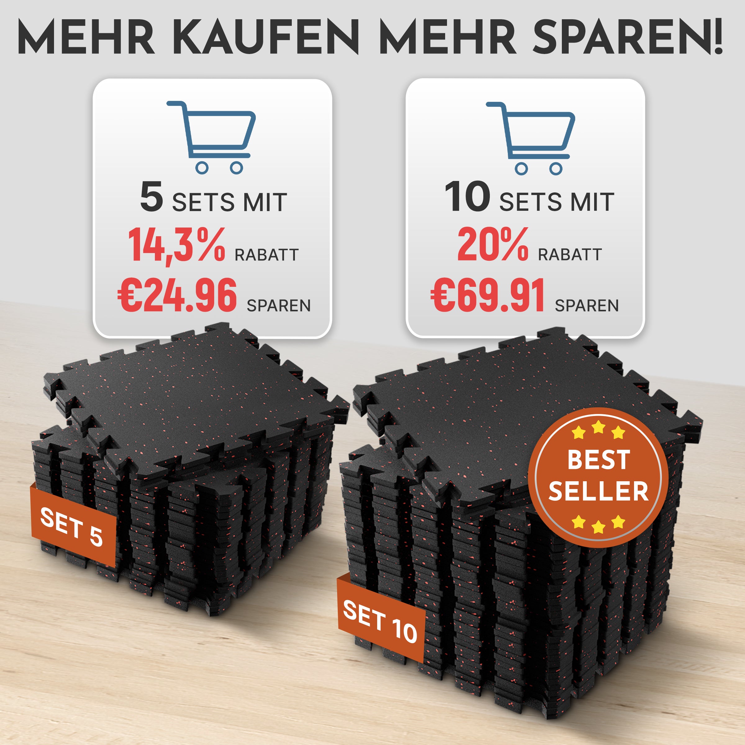Robuste Bodenschutzmatte schwarz/orange gesprenkelt (Fitness Puzzlematte)