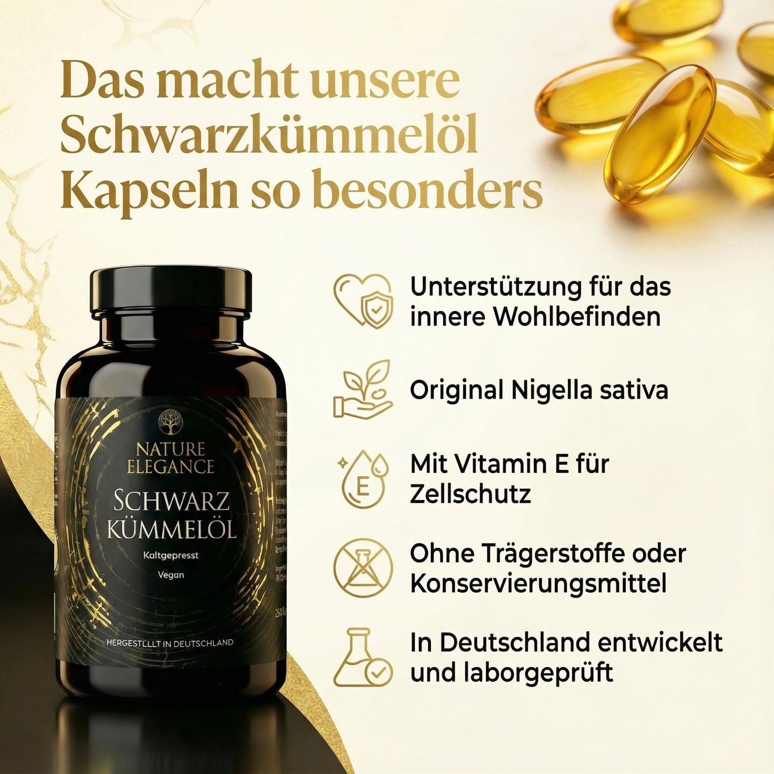 Nature Elegance - Schwarzkümmelöl - 240 vegane Kapseln, 4-Monats-Vorrat