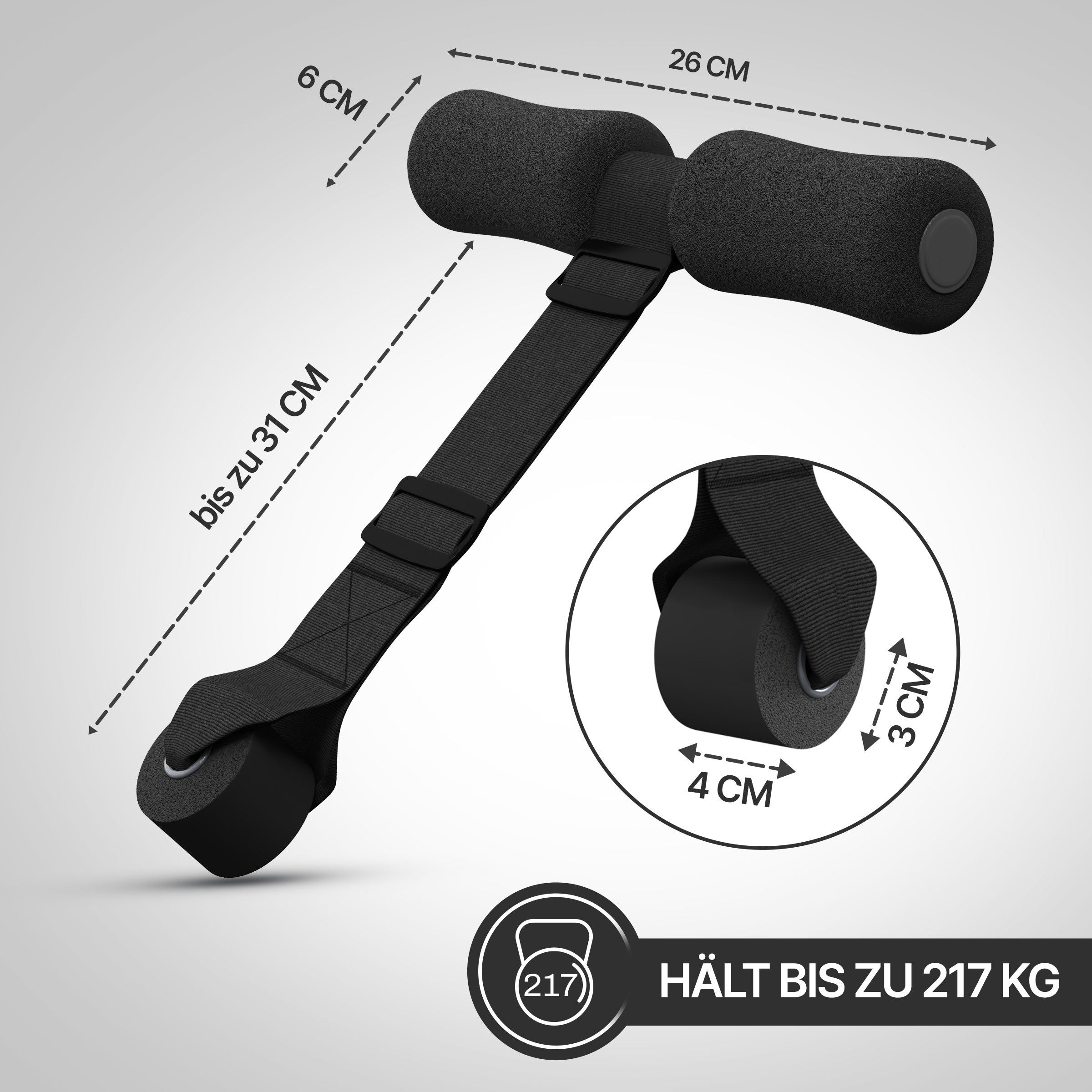 Bemaßter Situp Trainer von NEOLYMP mit Maßen und Belastbarkeit bis 217 kg