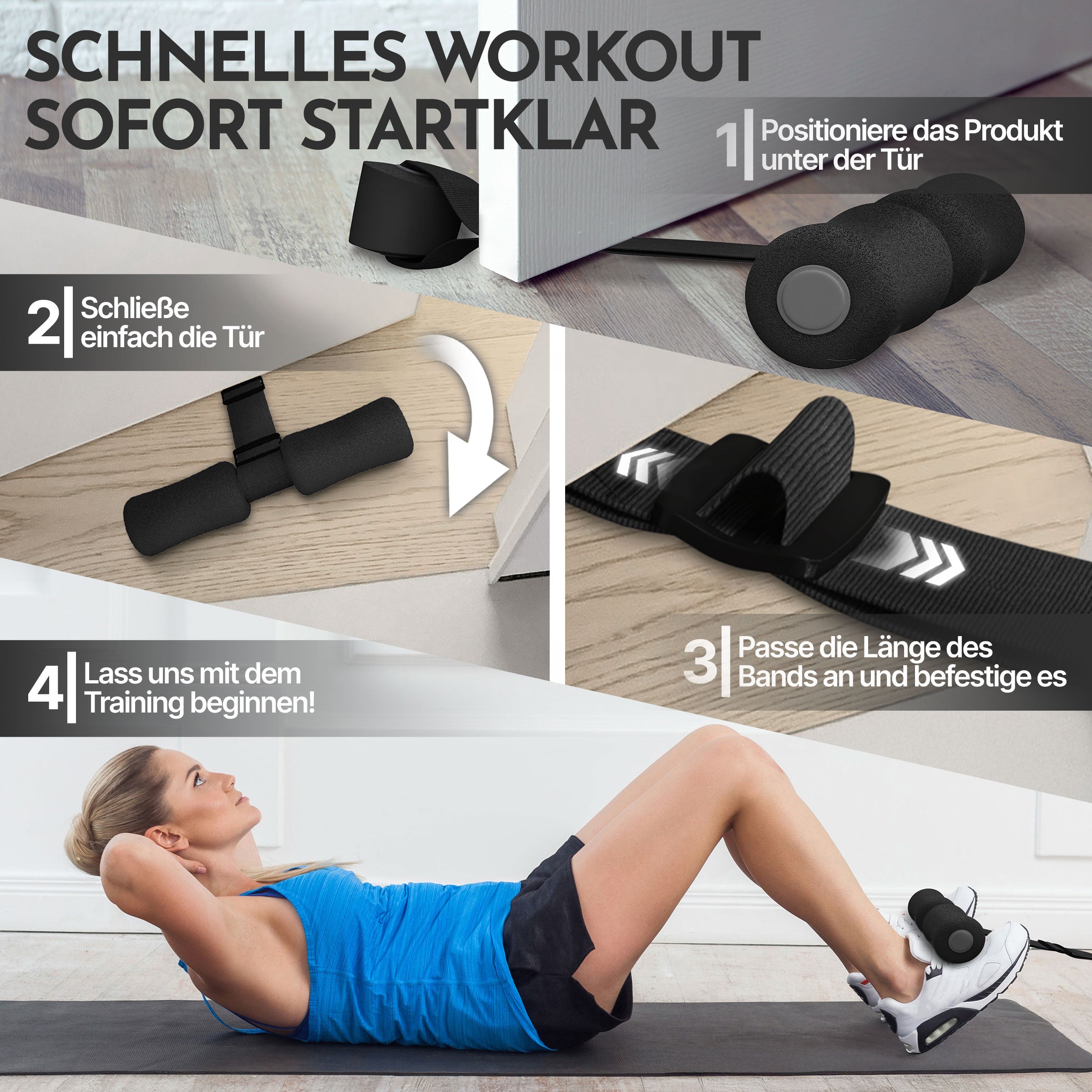 Schritt-für-Schritt-Anleitung: Situp Trainer unter Tür legen, Tür schließen, Band anpassen, starten