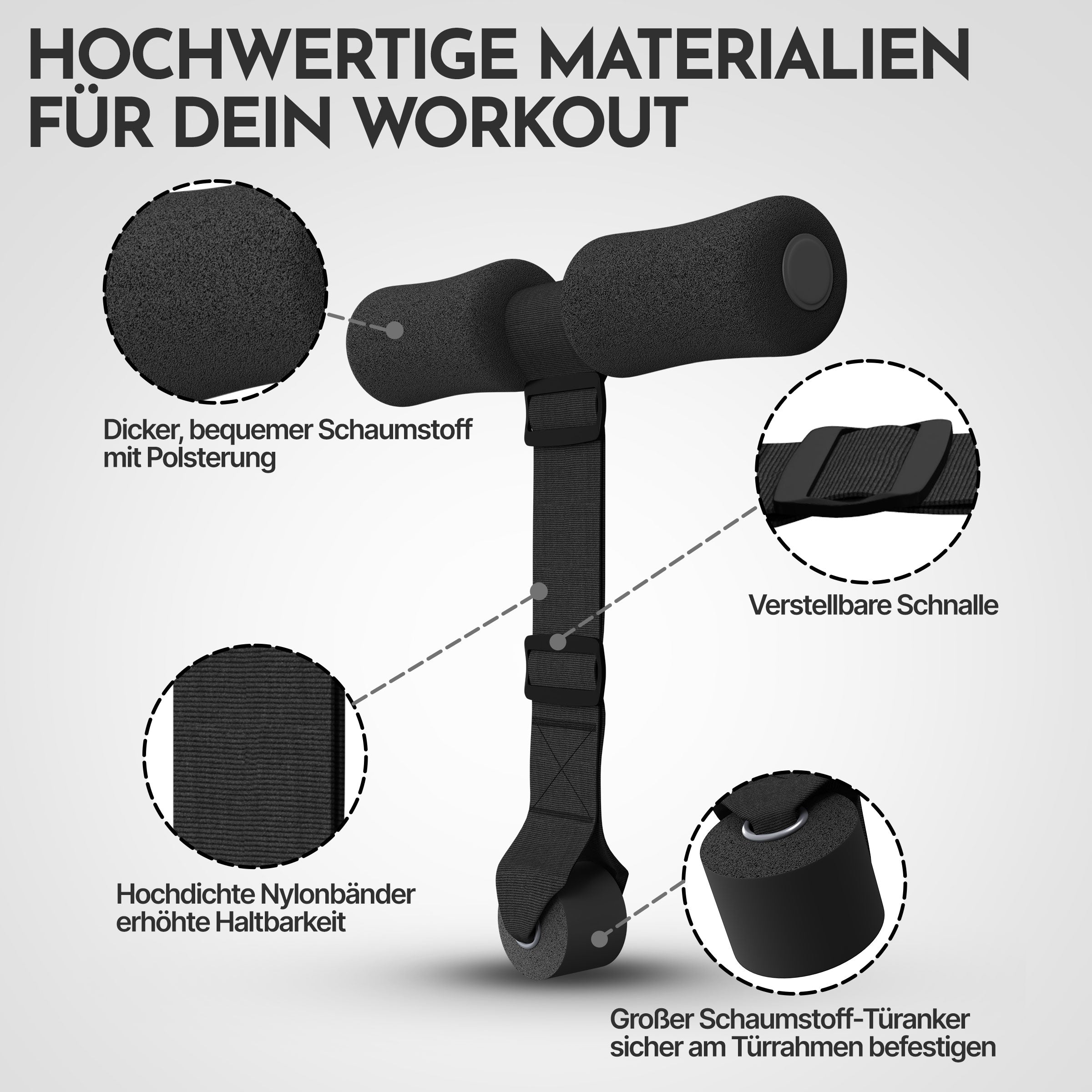 Situp Trainer von NEOLYMP mit Beschriftungen zu Schaumstoff, Nylonband, Schnalle und Türanker