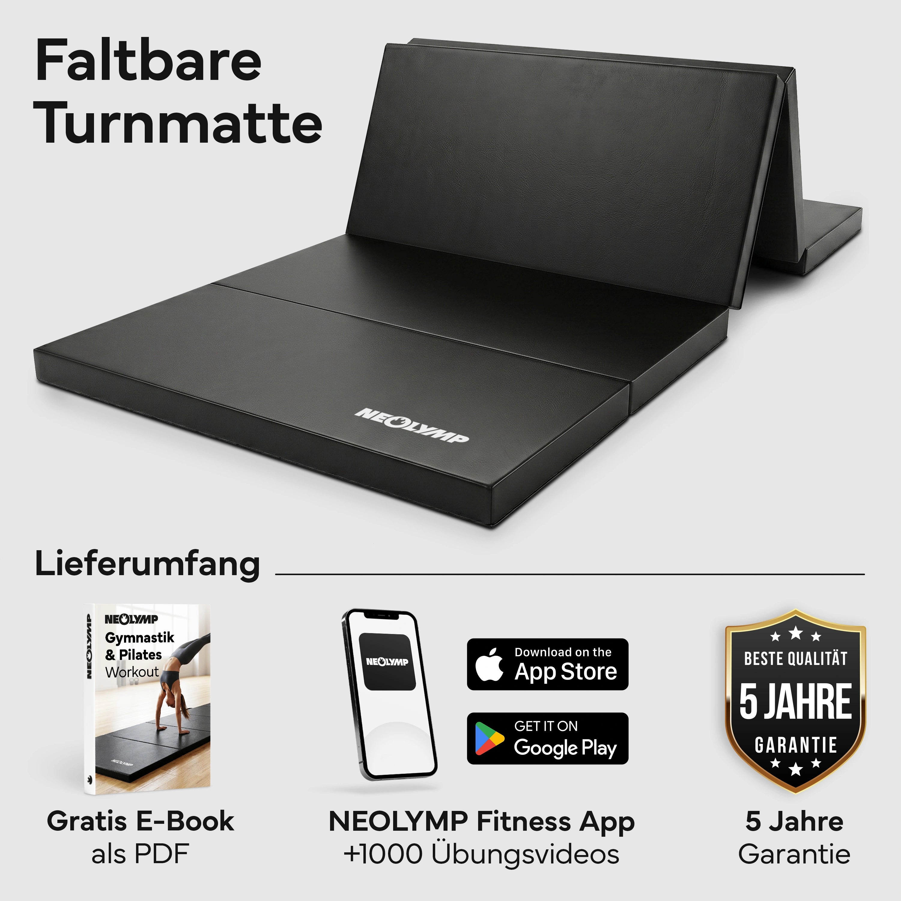 Turnmatte - faltbar mit Tragefunktion - Schwarz M (190x80x5 cm) - von NEOLYMP | Fitnessequipment und Sportartikel