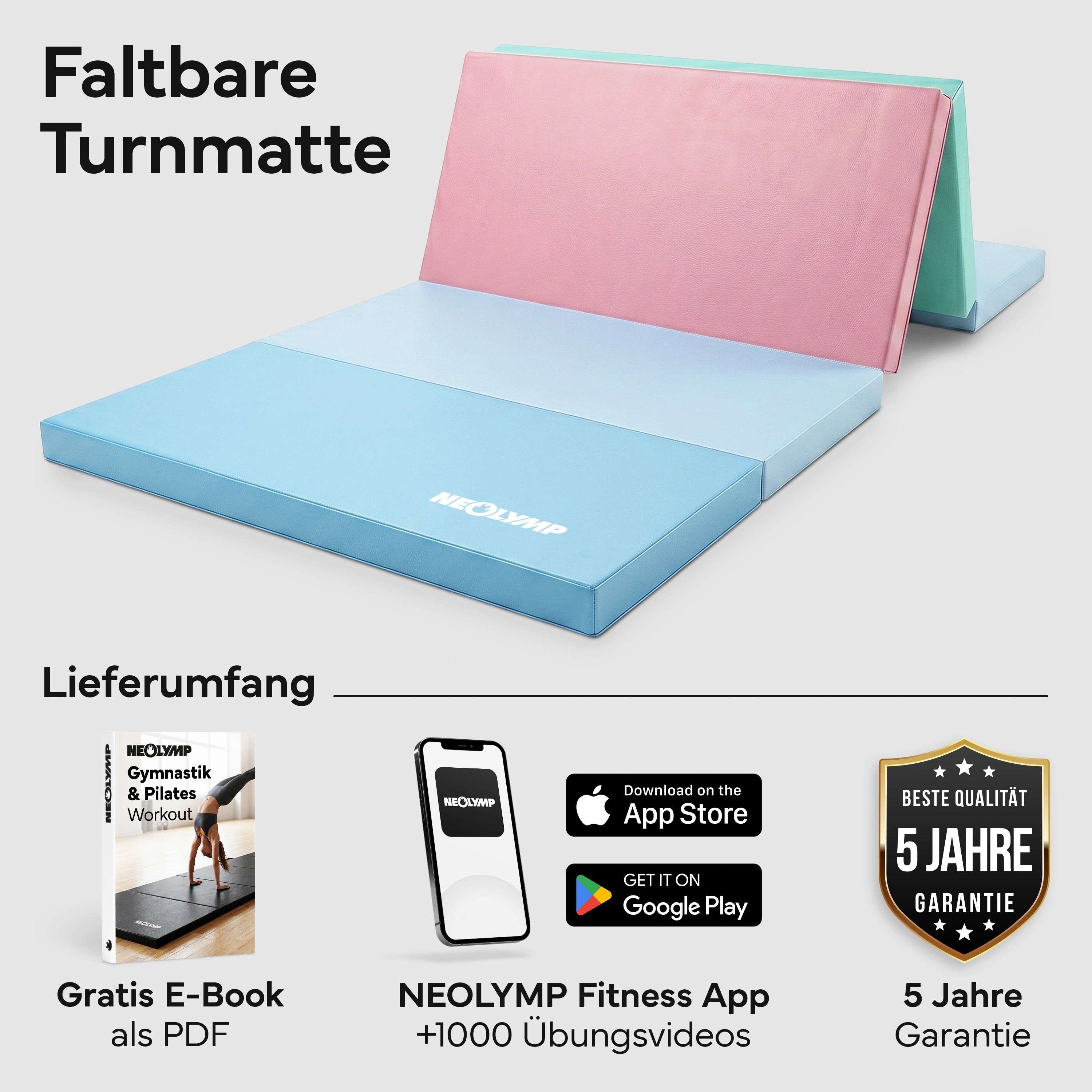 Turnmatte - faltbar mit Tragefunktion - Bunt M (190x80x5 cm) - von NEOLYMP | Fitnessequipment und Sportartikel