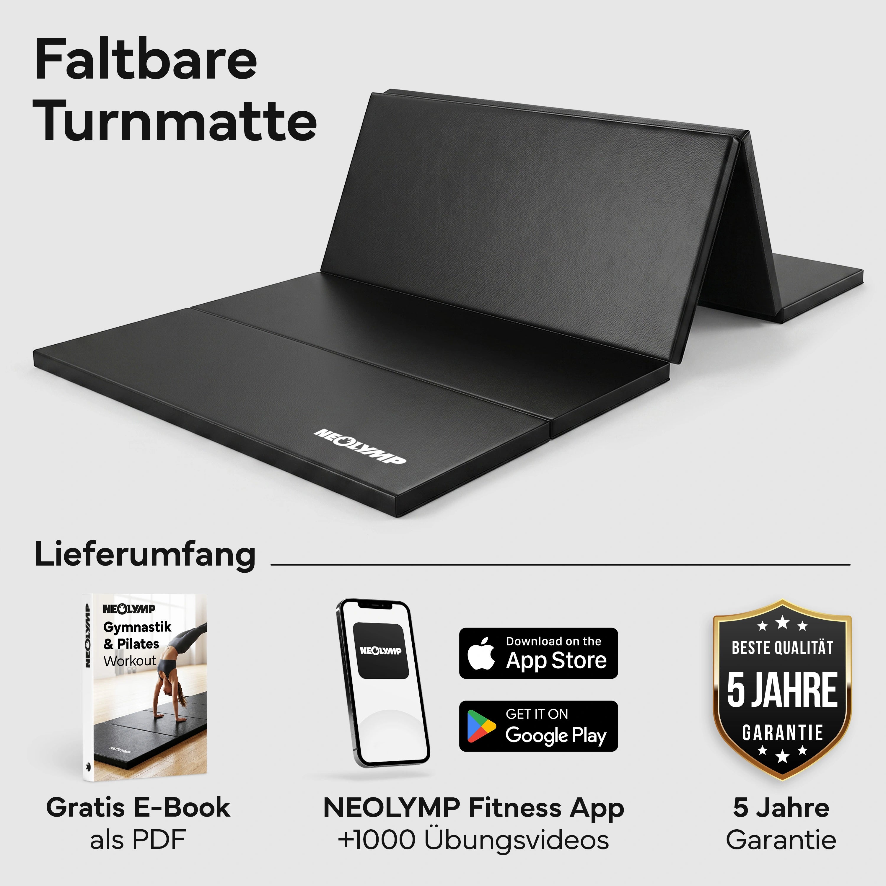 Turnmatte - faltbar mit Tragefunktion - Schwarz L (200x100x3 cm) - von NEOLYMP | Fitnessequipment und Sportartikel