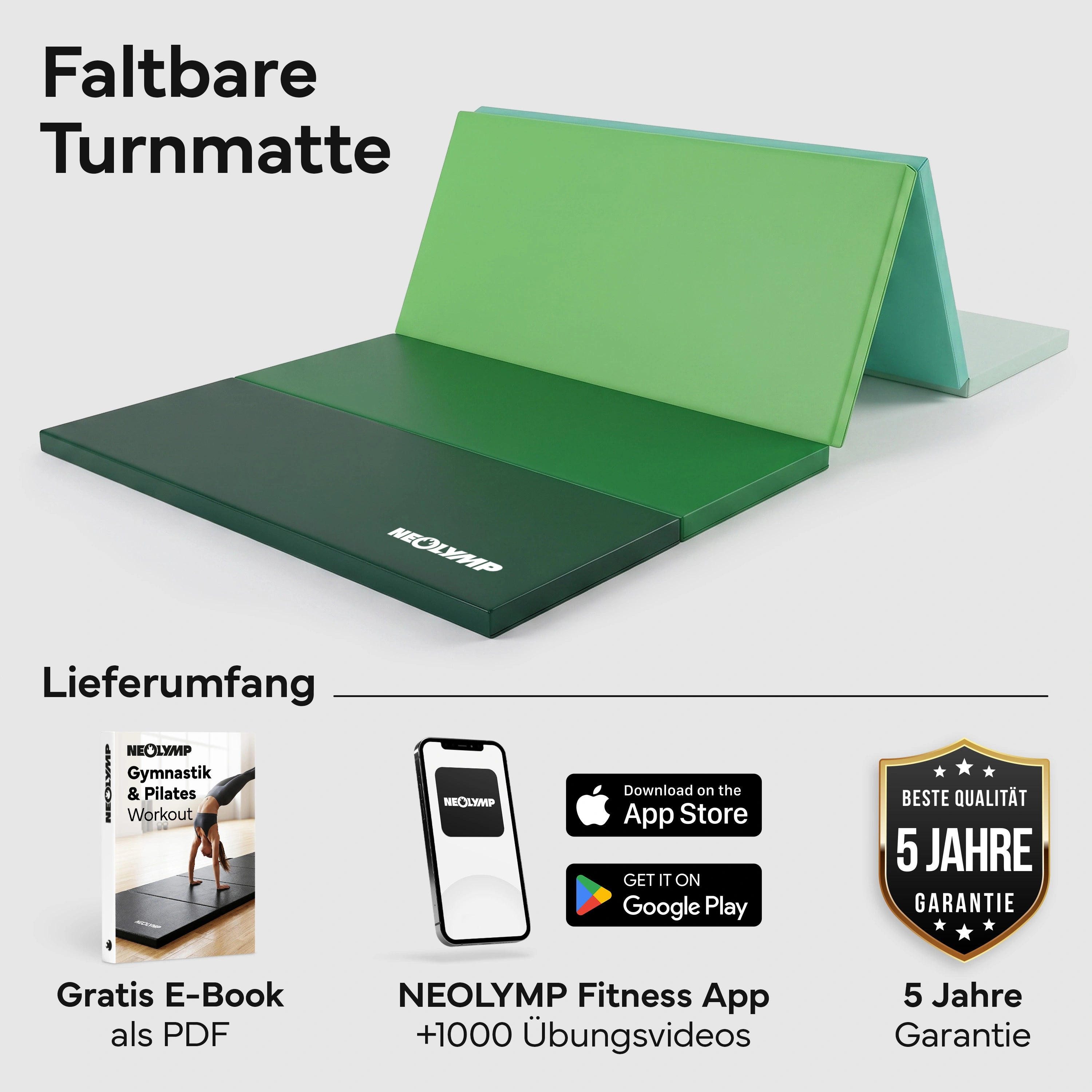 Turnmatte - faltbar mit Tragefunktion - Grün L (200x100x3 cm) - von NEOLYMP | Fitnessequipment und Sportartikel