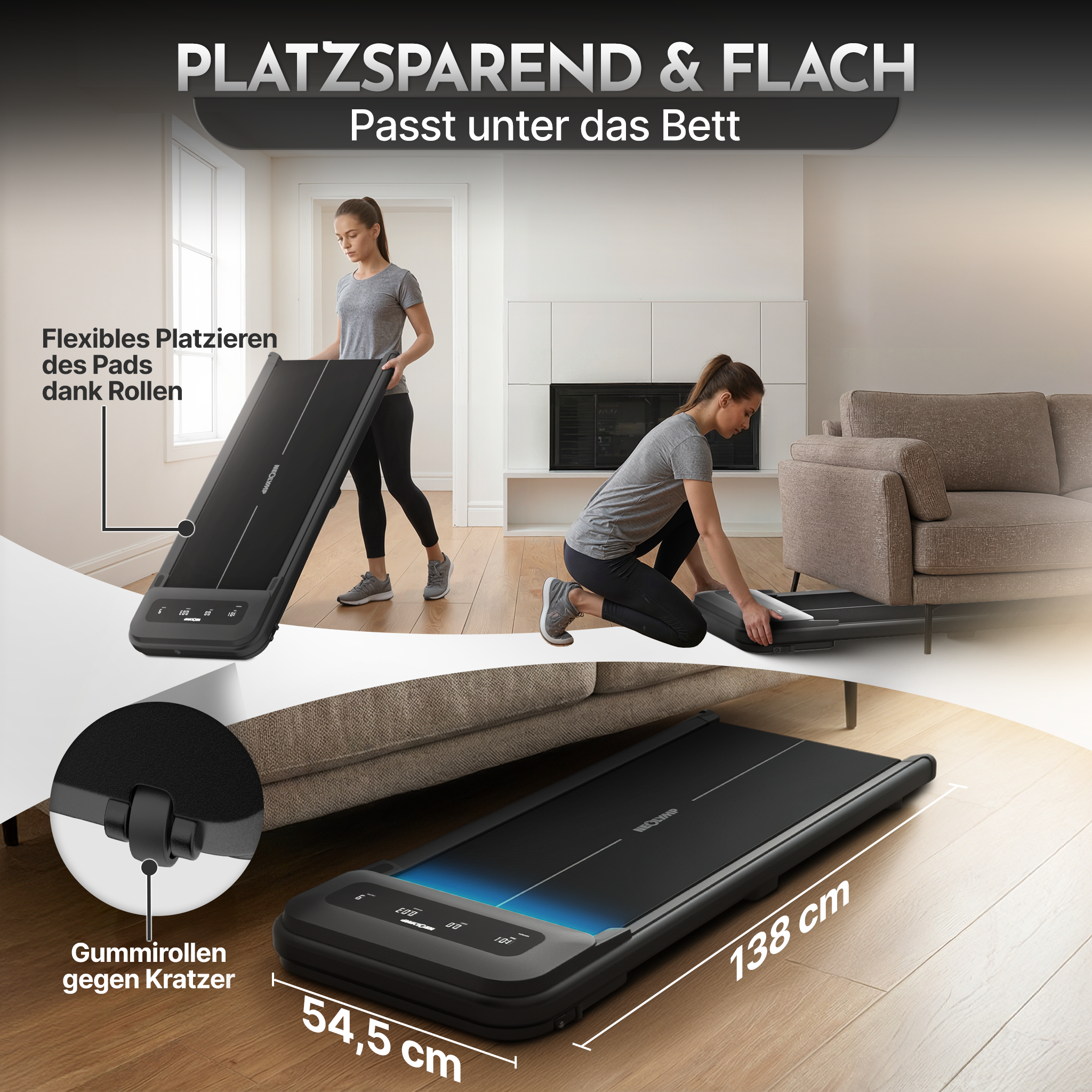 Premium Walking Pad bis 150 kg- mit bürstenlosem Motor, extra leise