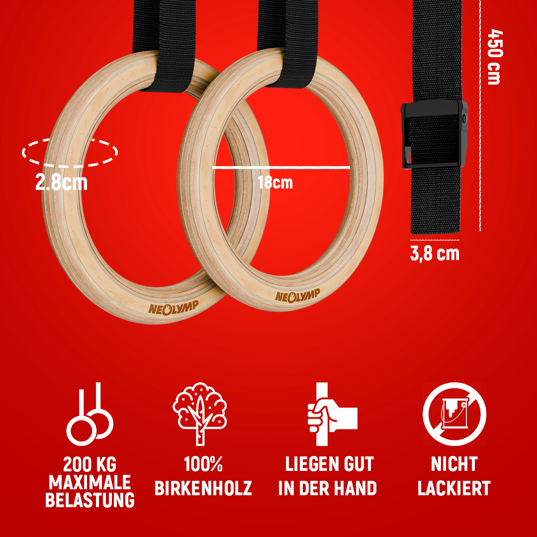 Zwei hölzerne Turnringe von Neolymp mit schwarzen Riemen werden gezeigt. Die Ringe haben einen Durchmesser von 18 cm und eine Dicke von 2,8 cm, während die Riemen eine Länge von 450 cm und eine Breite von 3,8 cm haben. Symbole auf dem Bild zeigen, dass die Ringe eine maximale Belastung von 200 kg tragen können, aus 100% Birkenholz gefertigt sind, gut in der Hand liegen und nicht lackiert sind.