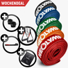 Ein Werbebild für einen "Wochendeal" zeigt ein Set von Neolymp Fitnessbändern in verschiedenen Farben (Schwarz, Blau, Grün, Orange und Rot) sowie zusätzliches Zubehör, das im Angebot enthalten ist. Das Zubehör umfasst zwei Knöchelmanschetten, zwei Griffe mit Karabinern, eine Aufhängestange und eine schwarze Aufbewahrungstasche. Oben links im Bild ist ein roter Banner mit der Aufschrift "Wochendeal" zu sehen.