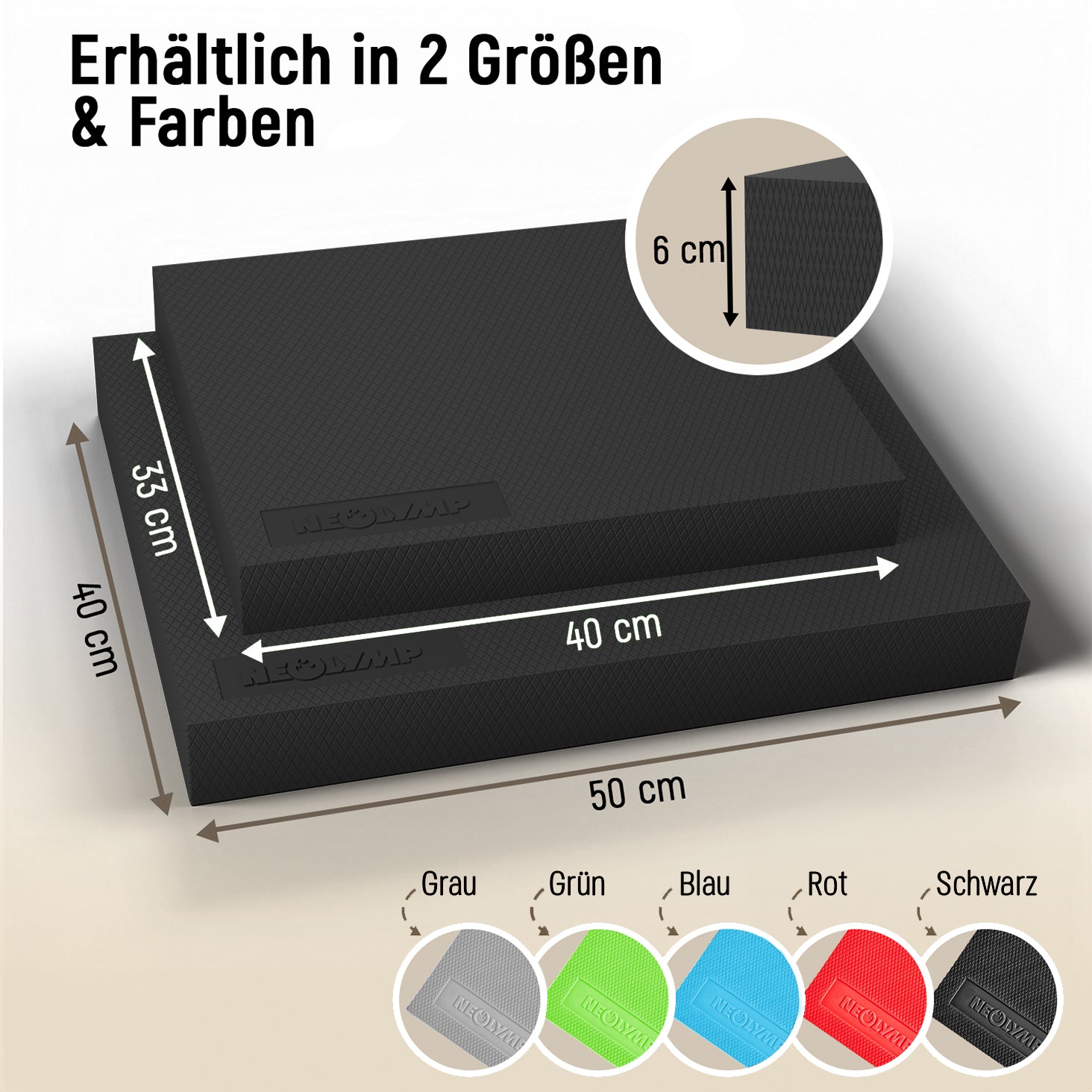 Zwei rote Neolymp-Matten in unterschiedlichen Größen (33x40 cm und 40x50 cm) liegen gestapelt aufeinander. Oben links steht der Text "Erhältlich in 2 Größen & Farben". Ein kleiner Kreis rechts oben zeigt die Dicke der Matte, die 6 cm beträgt. Unten rechts sind kleine Kreise, die die Mattenfarben "Rot" und "Schwarz" zeigen.