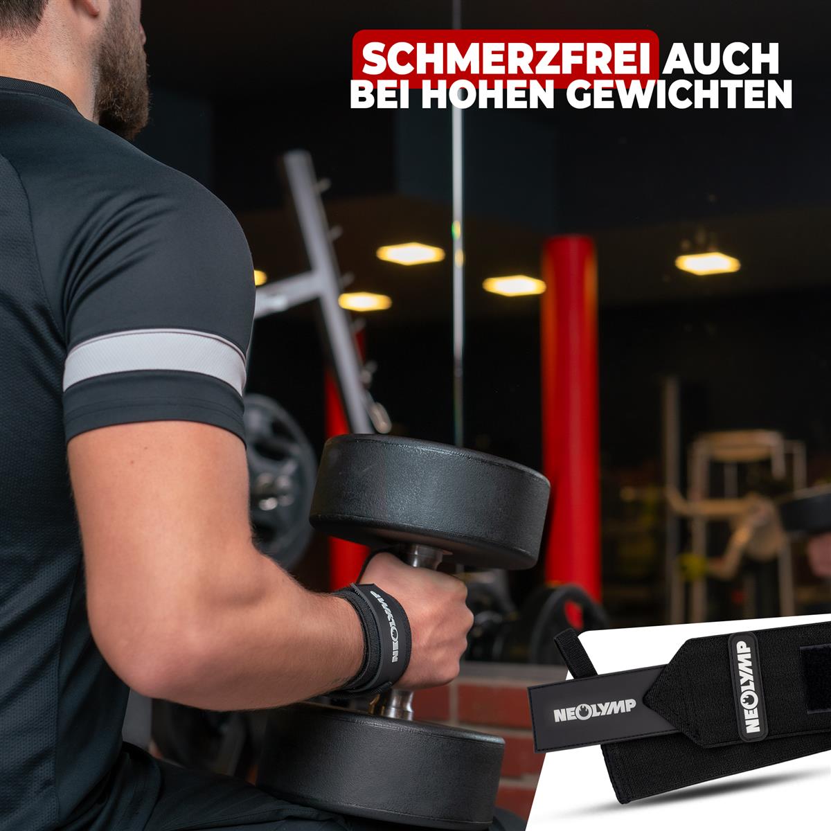 Schmerzfrei trainieren mit Neolymp Gewichthebergurten, auch bei hohen Gewichten. Das Bild zeigt einen Sportler im Fitnessstudio, der eine Hantel hebt und dabei Neolymp Gewichthebergurte trägt, die für zusätzlichen Komfort und Unterstützung sorgen.