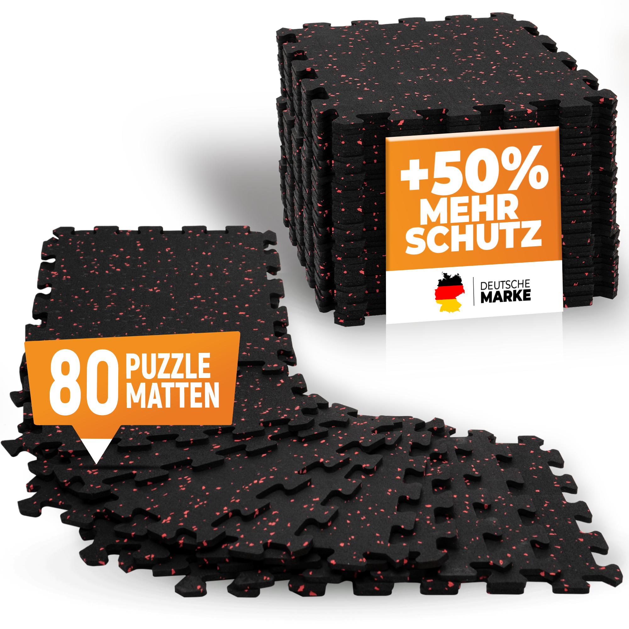 Robuste Bodenschutzmatte schwarz/orange gesprenkelt (Fitness Puzzlematte) – 10x 8 Stück (80 Stück) (B‑Ware)