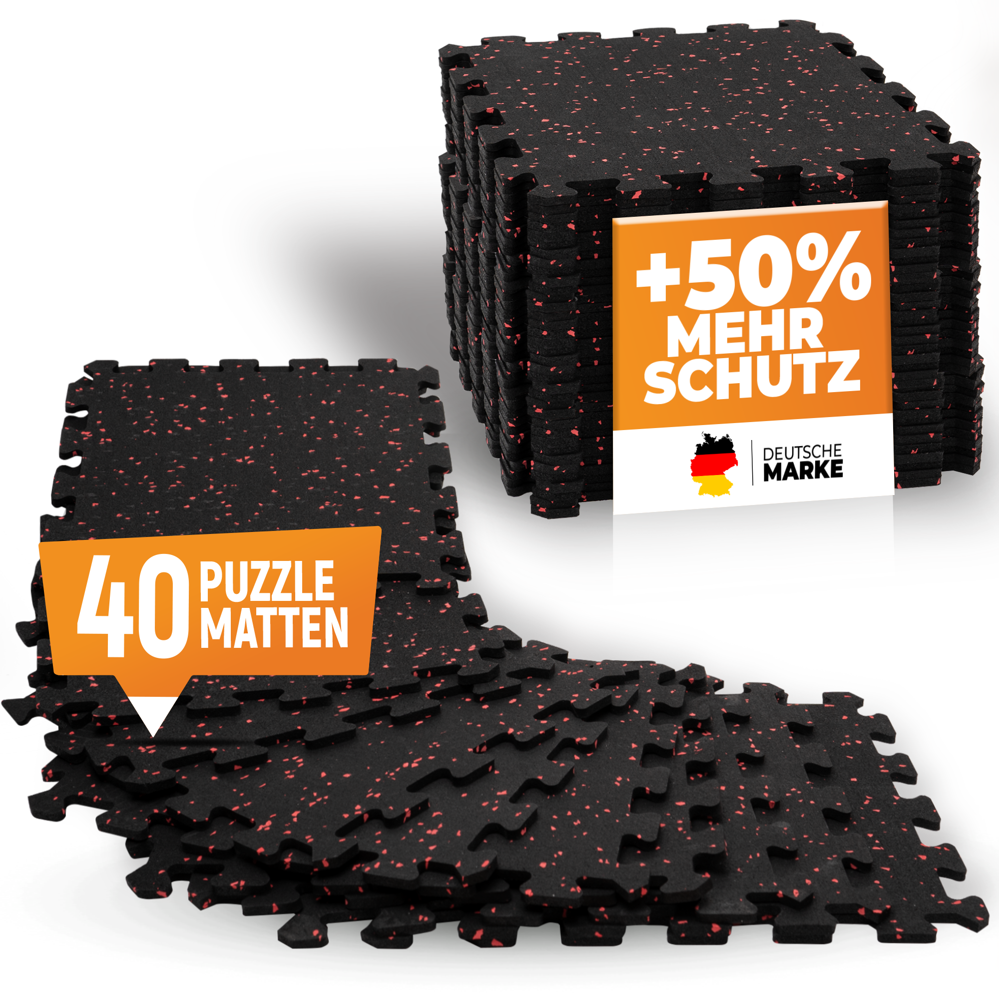 Robuste Bodenschutzmatte schwarz/orange gesprenkelt (Fitness Puzzlematte) – 5x 8 Stück (40 Stück) (B‑Ware)