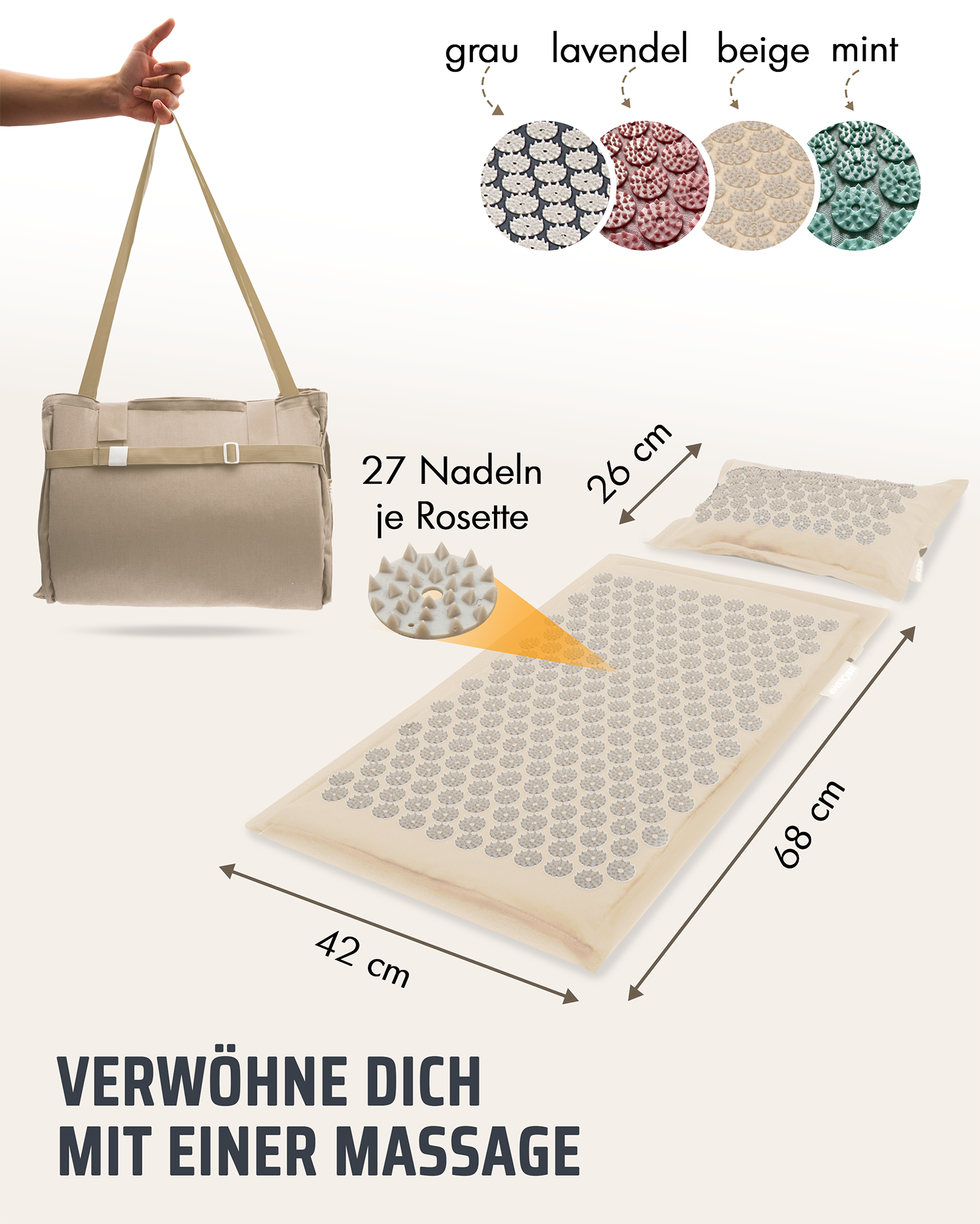 Eine NEOLYMP-Akupressurmatte und ein passendes Kissen in Beige, die jeweils mit 27 Nadeln pro Rosette ausgestattet sind. Die Abmessungen der Matte betragen 68 cm x 42 cm, während das Kissen 26 cm breit ist. Verschiedene Farboptionen, darunter Grau, Lavendel, Beige und Mint, werden oben im Bild gezeigt. Eine beige Tragetasche, die für den einfachen Transport der Matte und des Kissens geeignet ist, wird ebenfalls präsentiert. Der Text "VERWÖHNE DICH MIT EINER MASSAGE" betont den entspannenden Nutzen des Produ