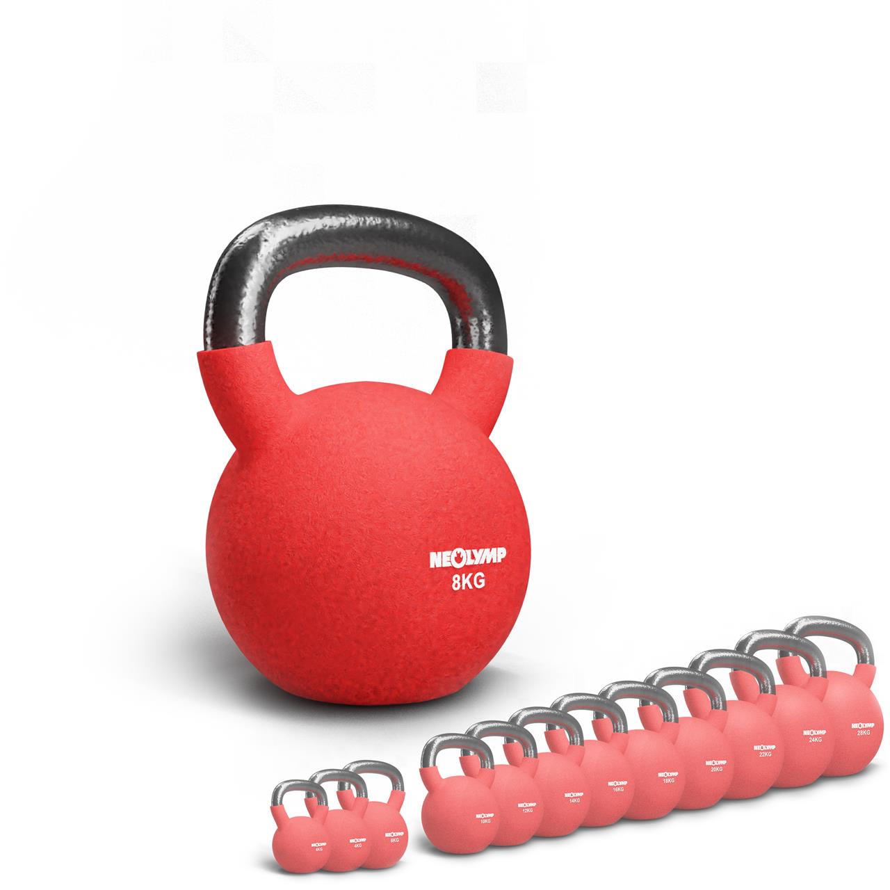 Eine rote Kettlebell mit einem Gewicht von 8 kg, auf der das NEOLYMP-Logo zu sehen ist, steht im Vordergrund. Im Hintergrund befinden sich mehrere kleinere Kettlebells in verschiedenen Größen und Gewichten, ebenfalls in Rot gehalten.