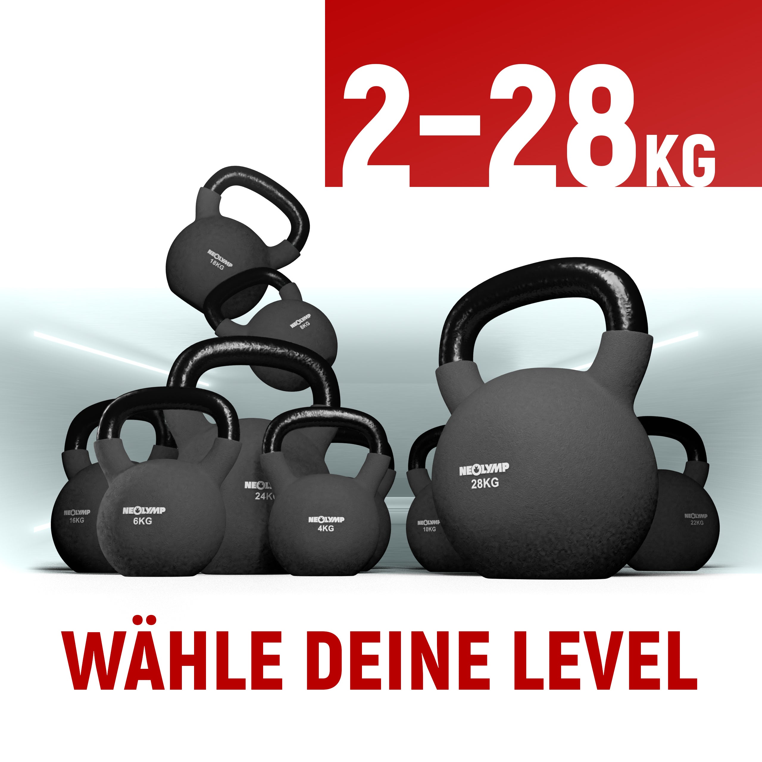 Neolymp Kettlebell Set in verschiedenen Größen von 2 kg bis 28 kg. Text: 'Wähle deine Level: 2-28 kg'.