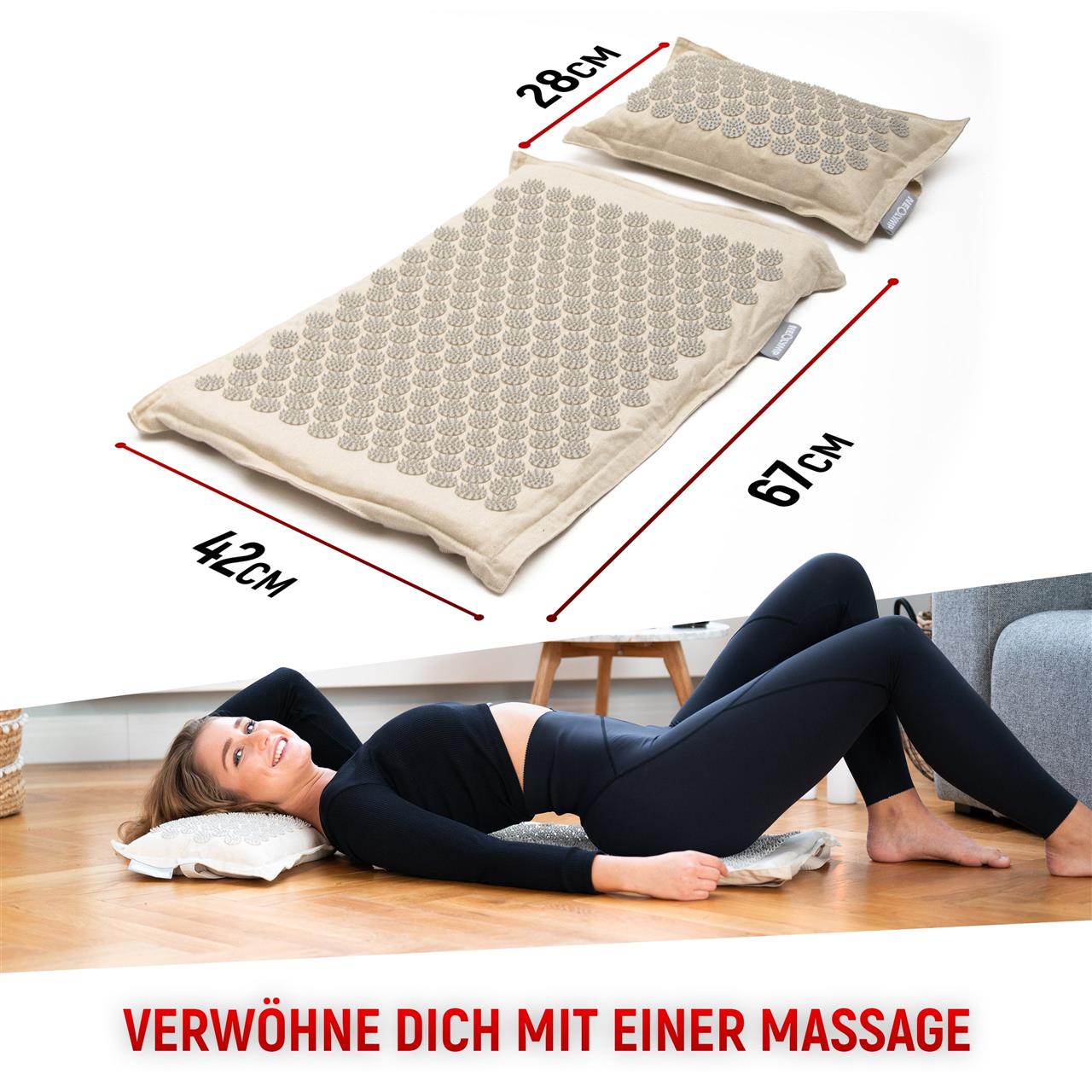 Verwöhne dich mit einer Massage mit dem Neolymp Akupressur-Set. Das Set besteht aus einer Matte (67 cm x 42 cm) und einem Kissen (28 cm x 42 cm), ideal zur Entspannung und Schmerzlinderung.