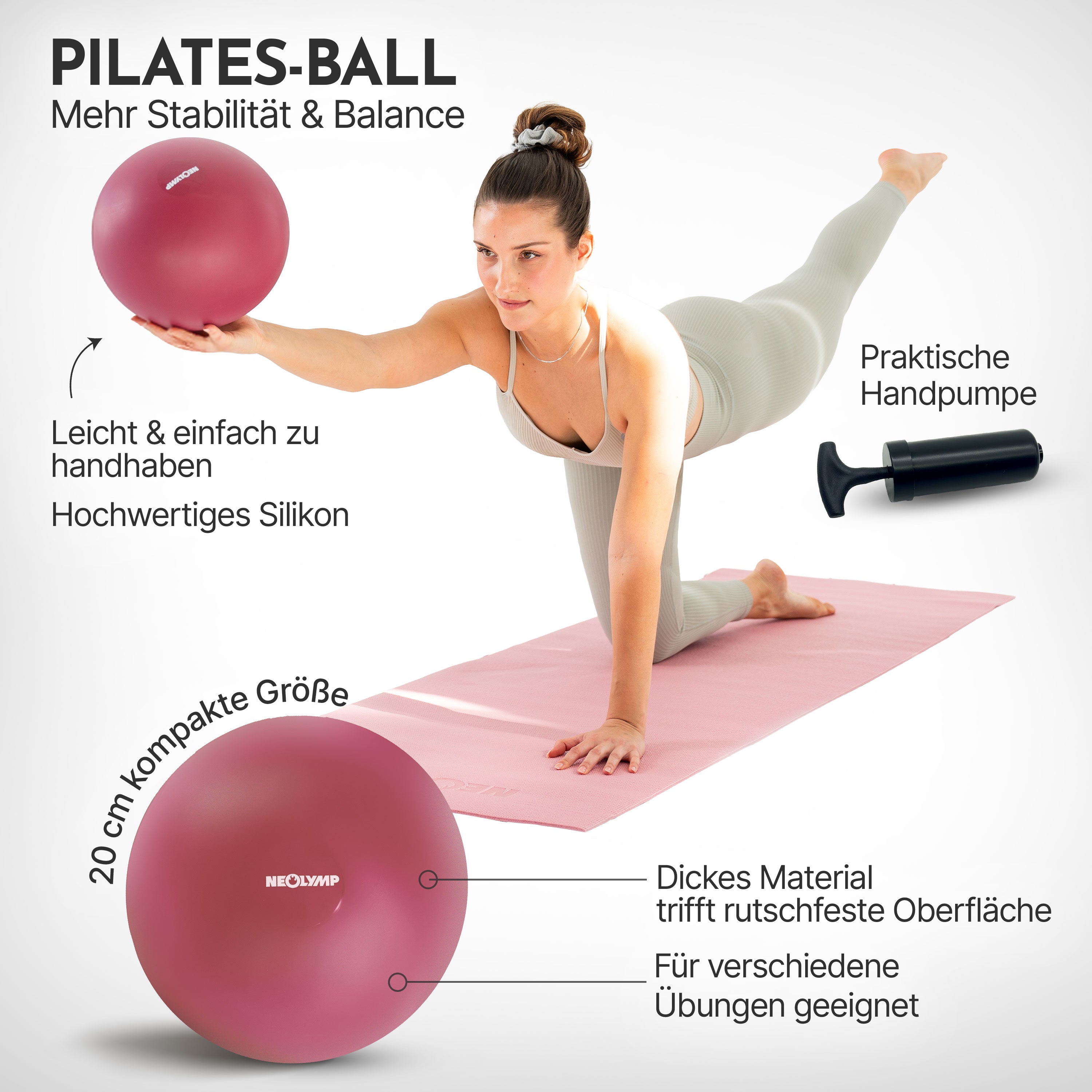 Pilatesball 20 cm - aus Silikon, inkl. Ballpumpe