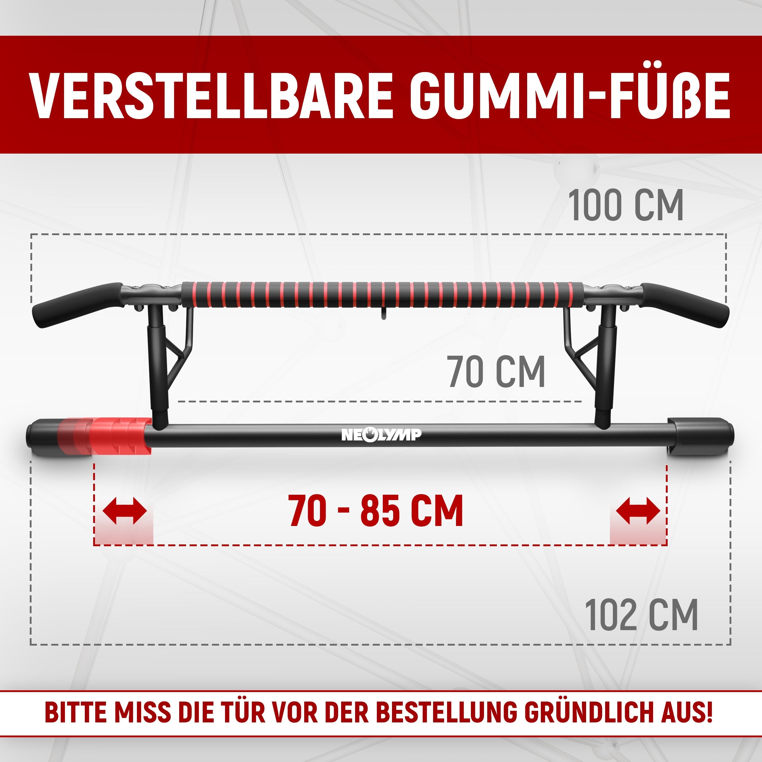 Verstellbare Gummifüße der Neolymp Klimmzugstange, passend für Türrahmen mit einer Breite von 70-85 cm, Gesamtlänge der Stange 102 cm, Griffbreite 70 cm, Gesamtlänge inklusive Gummifüße 100 cm. Bitte die Tür vor der Bestellung gründlich ausmessen.