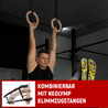 Ein Mann führt Klimmzüge an Ringen in einem Fitnessstudio durch. Der Text auf dem Bild zeigt eine Kombination mit Neolymp Klimmzugstangen. Ein kleineres Bild zeigt eine Neolymp Klimmzugstange, die an einem Türrahmen befestigt ist. Text auf dem Bild: Kombinierbar mit Neolymp Klimmzugstangen.