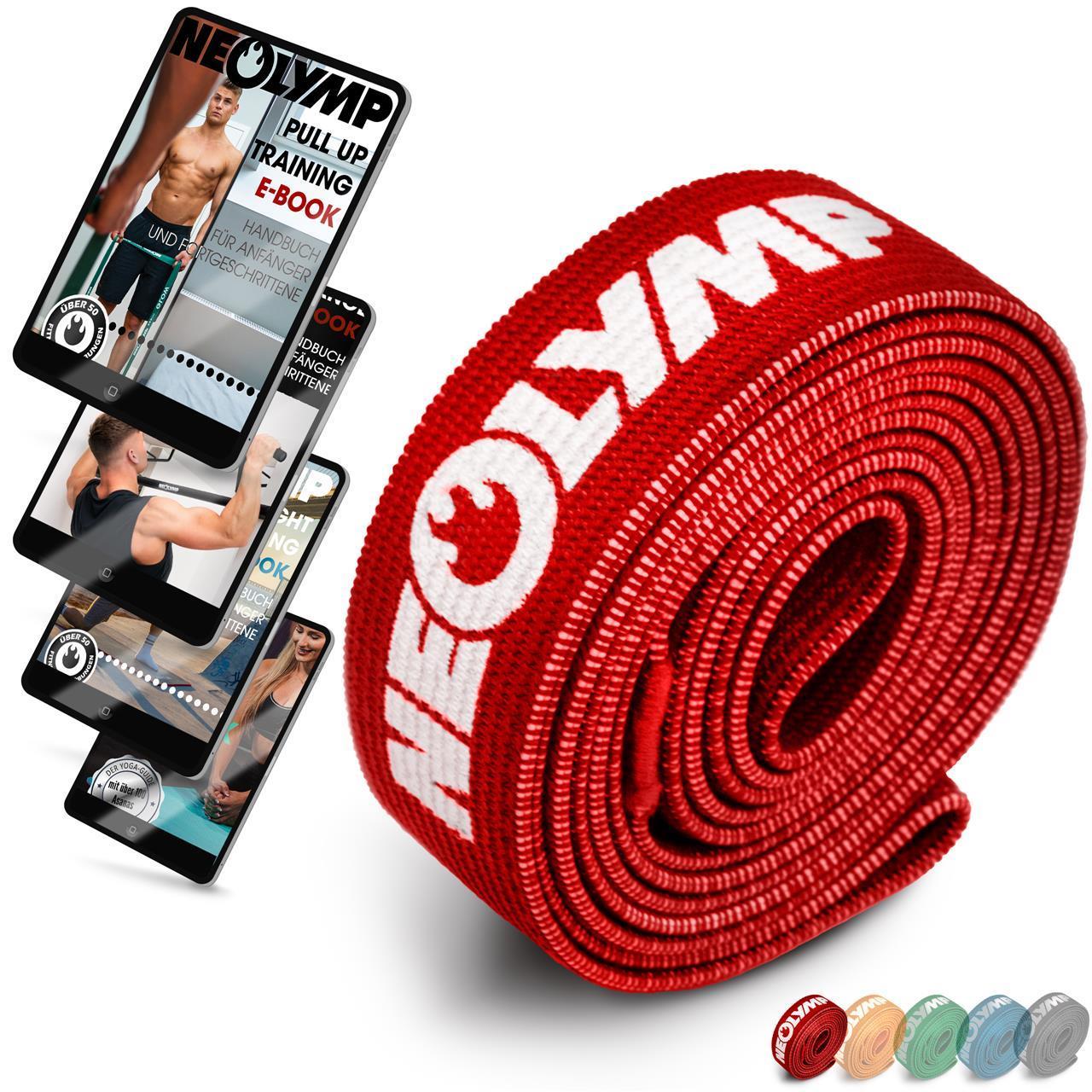 Ein aufgerolltes rotes Fitnessband mit dem weißen Aufdruck "NEOLYMP" ist im Vordergrund zu sehen. Links daneben sind drei Bilder von Übungen und ein E-Book mit dem Titel "NEOLYMP Pull Up Training" auf Mobilgeräten abgebildet. Unten rechts sind mehrere Fitnessbänder in verschiedenen Farben dargestellt.