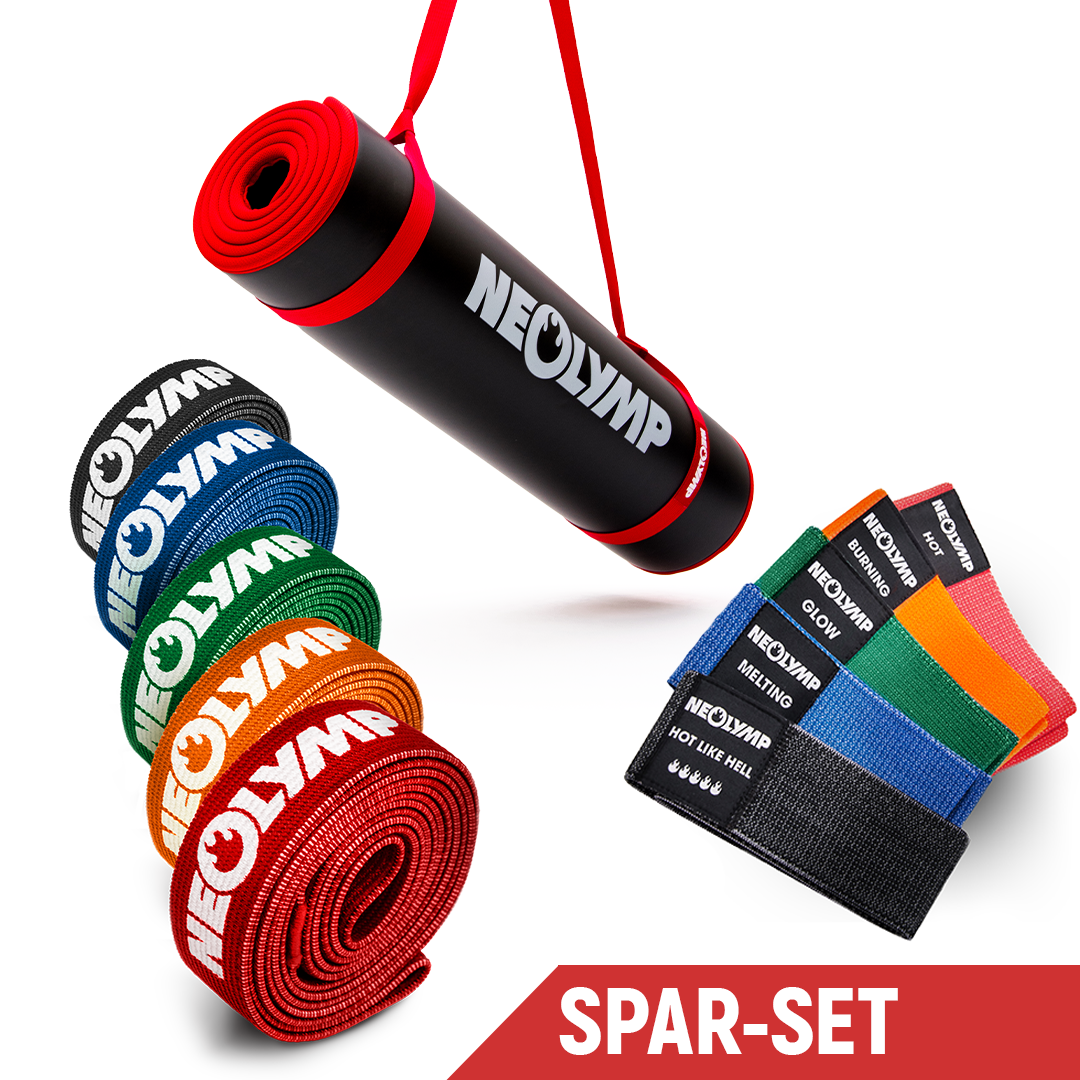 Neolymp Spar-Set bestehend aus einer schwarzen Fitnessmatte mit roten Bändern, fünf verschiedenen Fitnessbändern in den Farben Schwarz, Blau, Grün, Orange und Rot sowie fünf Kurzhantelbändern in unterschiedlichen Farben und Widerstandsstufen. Das Set ist ideal für ein umfassendes Heimtraining und bietet vielseitige Übungsmöglichkeiten. Text auf dem Bild: Spar-Set.