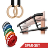 Neolymp Spar-Set bestehend aus Holz-Turnringen, einer Klimmzugstange für den Türrahmen und einem Set von fünf Fitnessbändern in verschiedenen Farben und Widerstandsstufen. Das Set ist ideal für ein umfassendes Heimtraining und bietet vielseitige Übungsmöglichkeiten. Text auf dem Bild: Spar-Set.