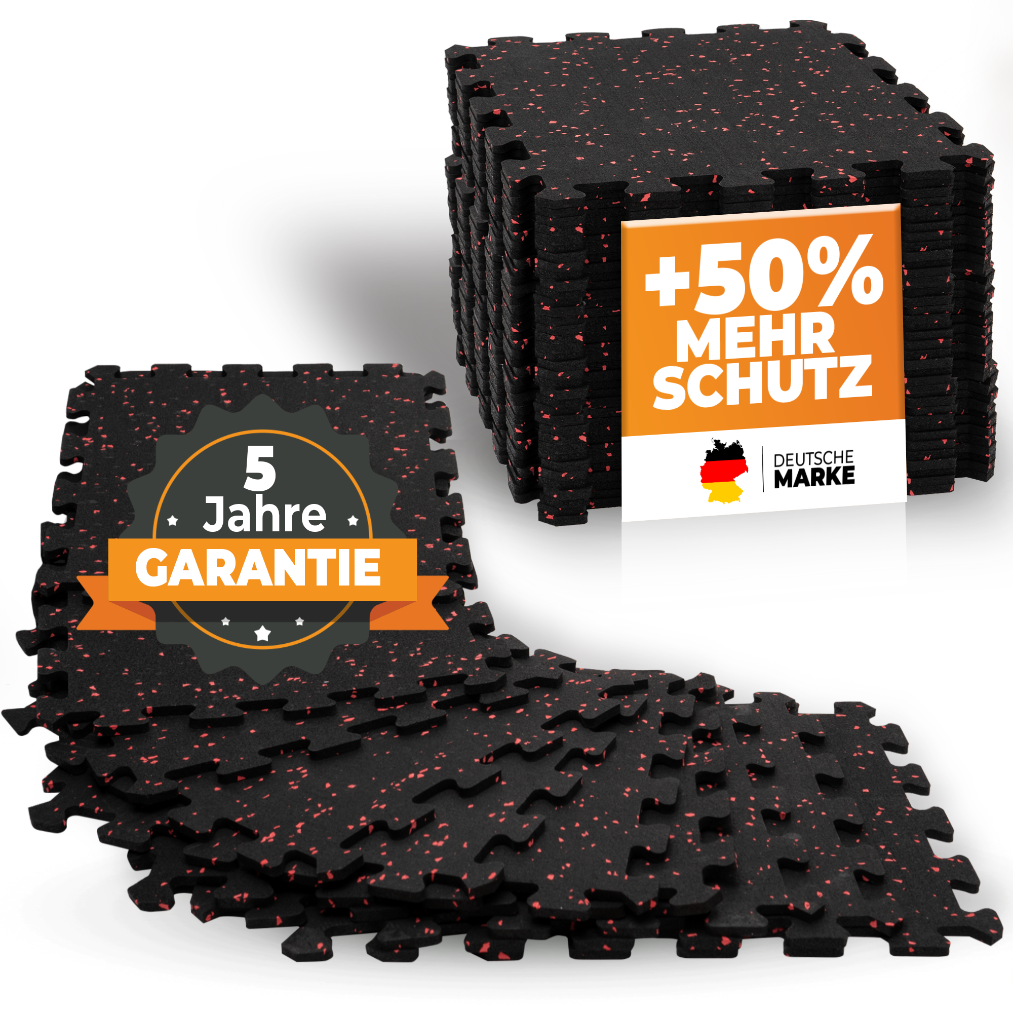 Robuste Bodenschutzmatte schwarz/orange gesprenkelt (Fitness Puzzlematte) – 1x 8 Stück (8 Stück) (B‑Ware)