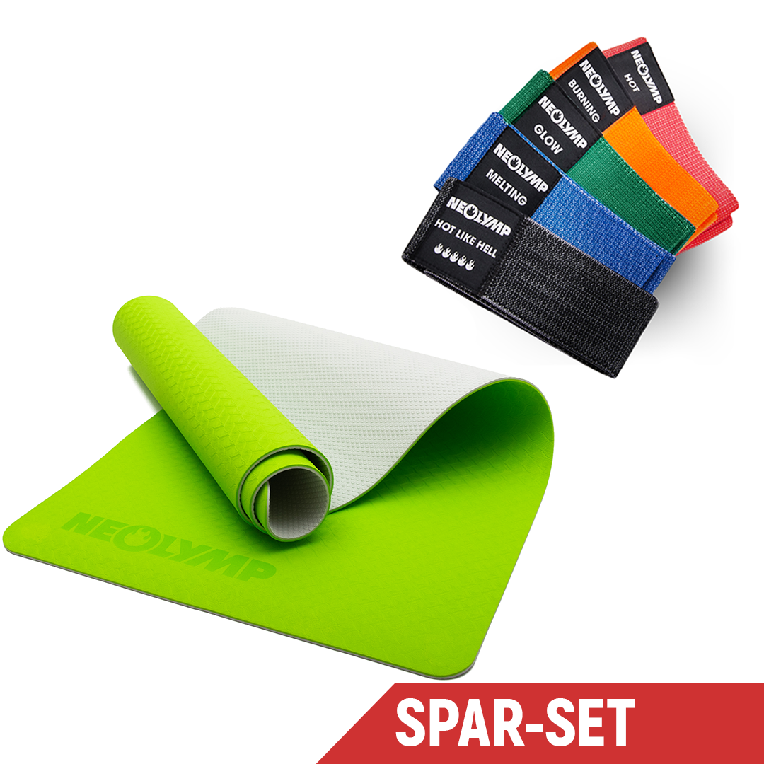 Spar-Set: Eine lime Neolymp-Yogamatte zusammen mit einem Set farbiger Fitnessbänder in verschiedenen Widerstandsstufen. Die Yogamatte bietet eine rutschfeste Oberfläche und Komfort für verschiedene Yoga- und Fitnessübungen. Die Fitnessbänder eignen sich ideal für Kraft- und Widerstandstraining. Text auf dem Bild: Spar-Set.