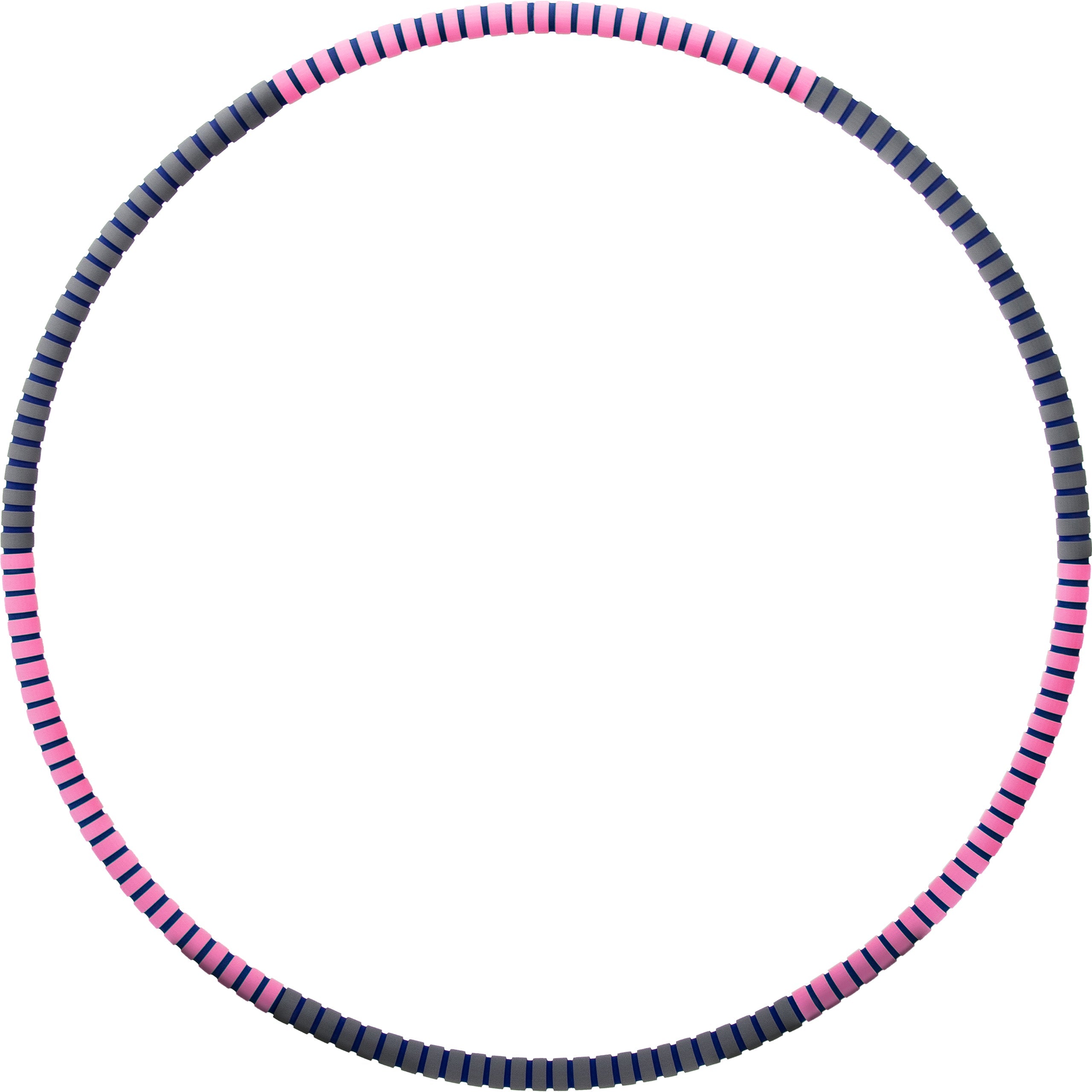 Das Bild zeigt einen Hula-Hoop-Reifen, der abwechselnd in pinken und grauen Segmenten gestaltet ist. Der Reifen ist kreisrund und scheint für Fitnessübungen gedacht zu sein, insbesondere für das Training von Bauch, Taille und Hüften.